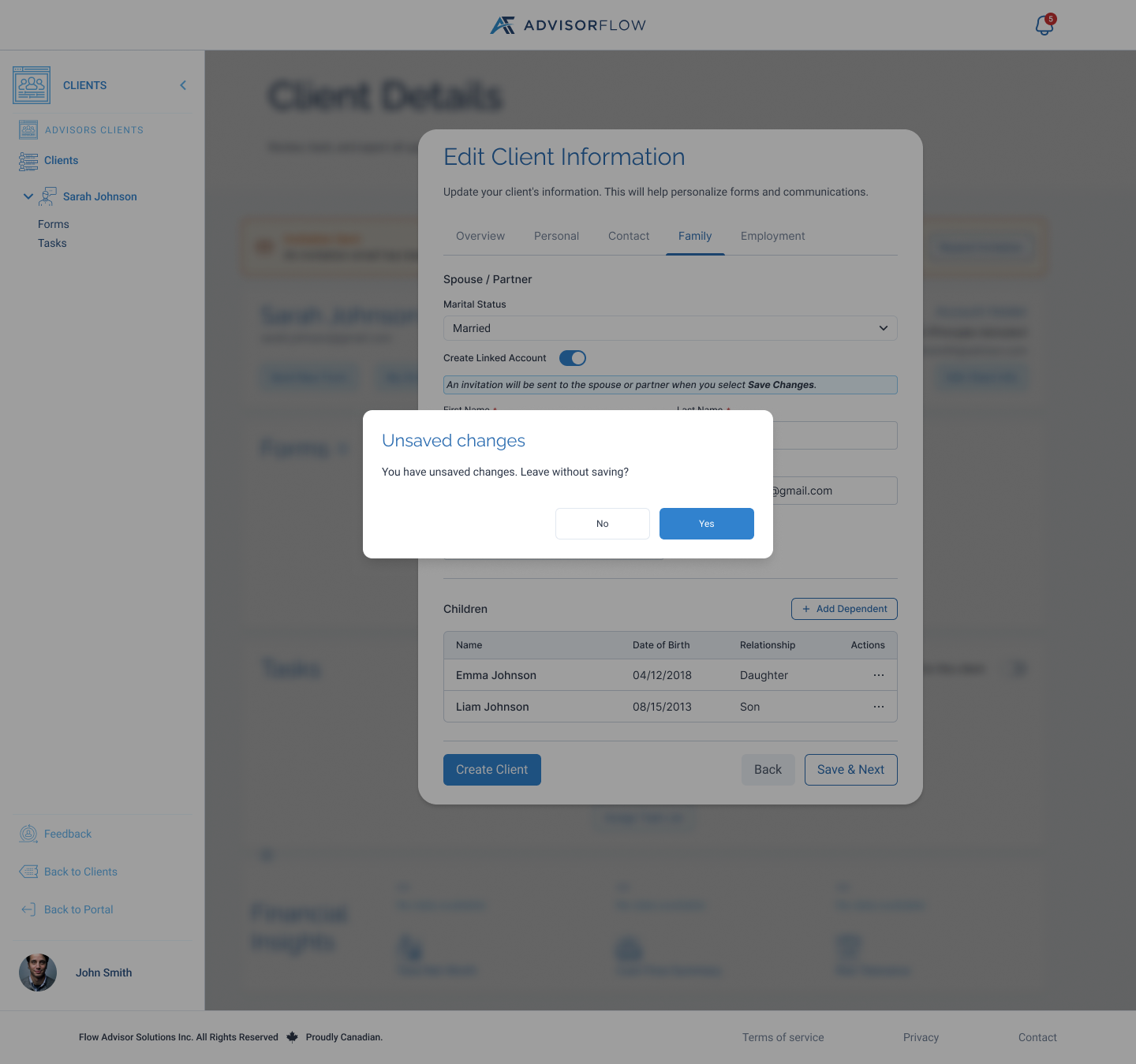 Earlier exploration: an unsaved-changes confirmation asks advisors to confirm before leaving the modal editor. Detailed editing later moved to a dedicated page.