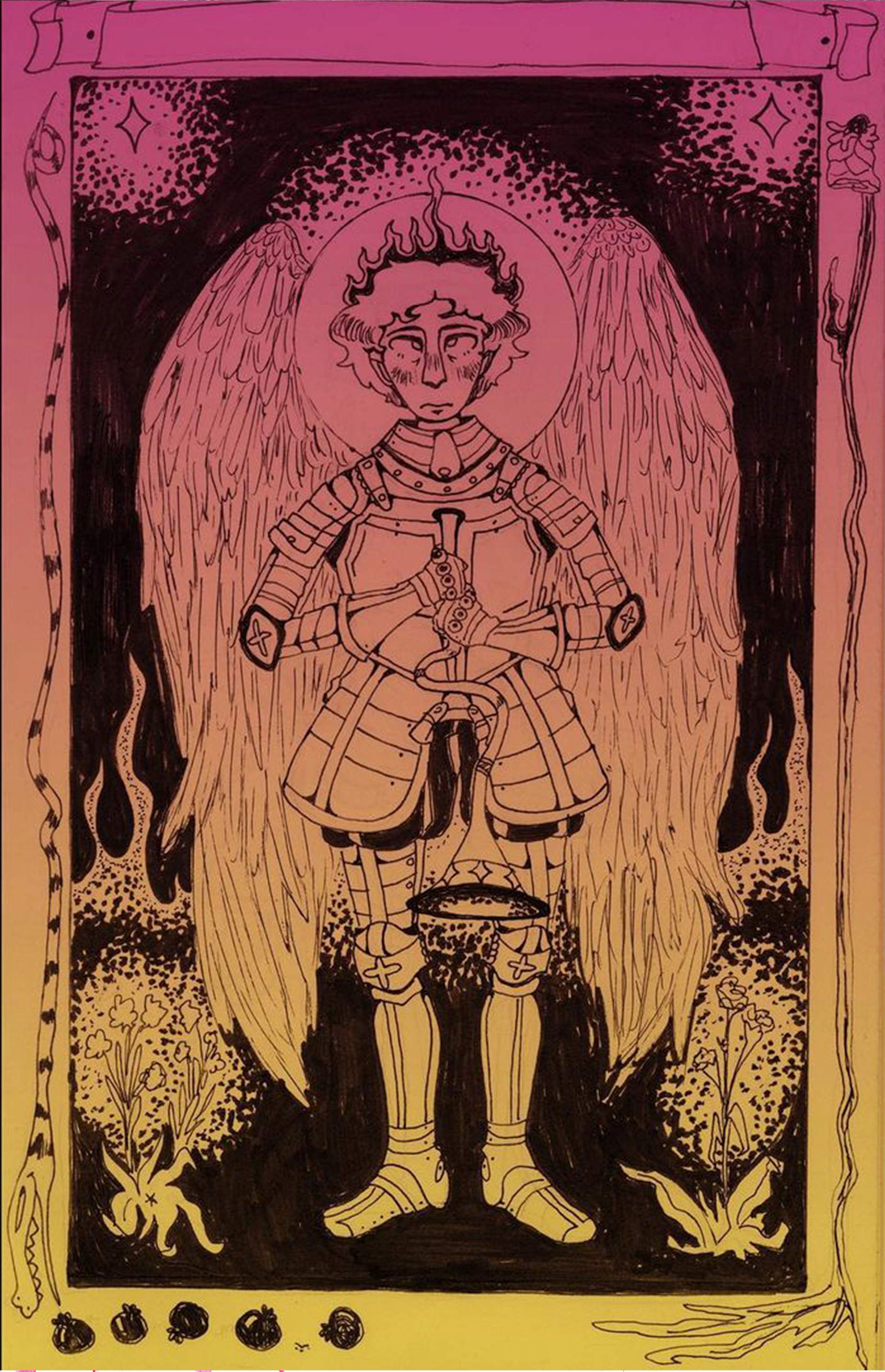 Ink drawing with color digitally added, inspired by suits of armor seen in museum.