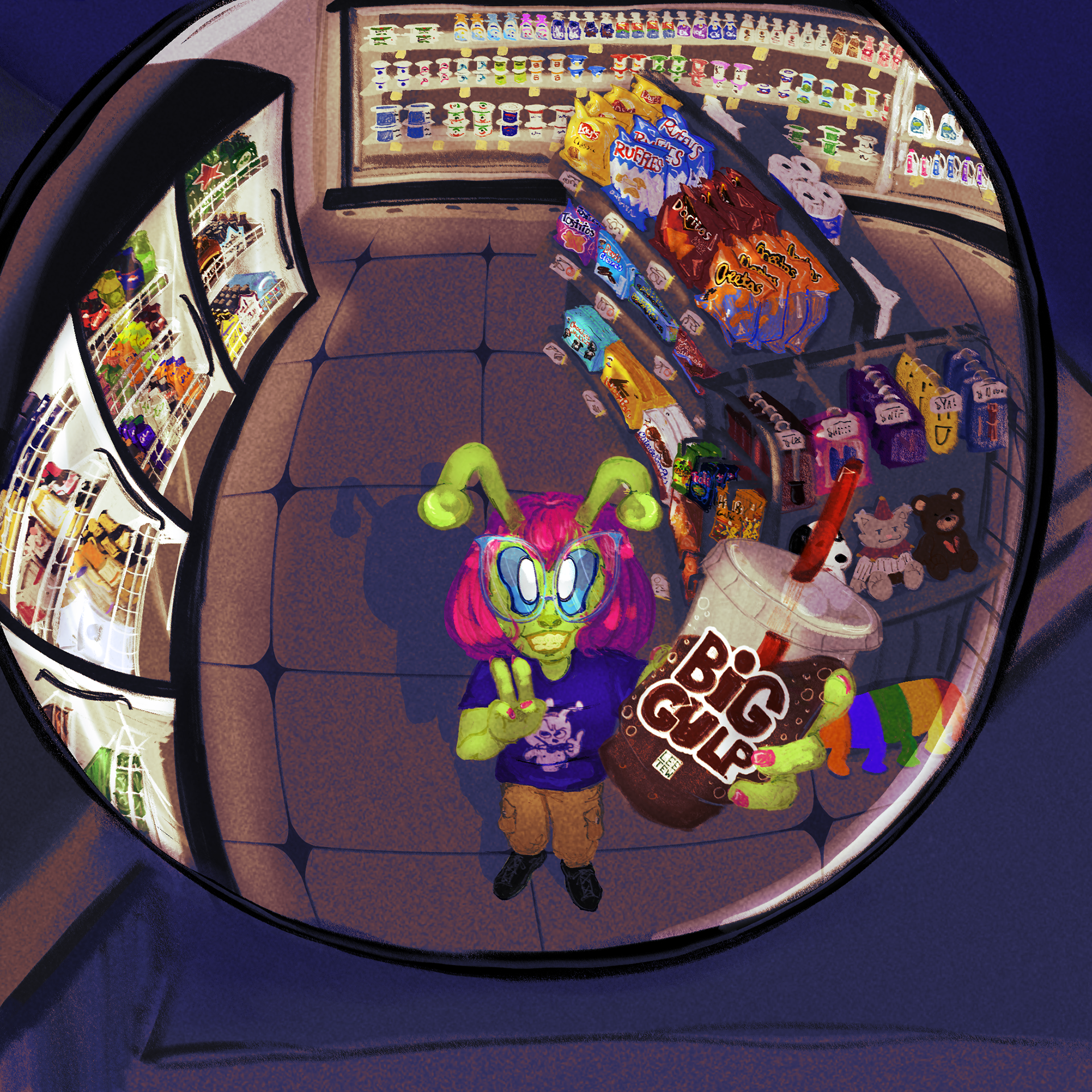 Illustration made to experiment with a fish eye perspective and work a lot of detail into the piece.