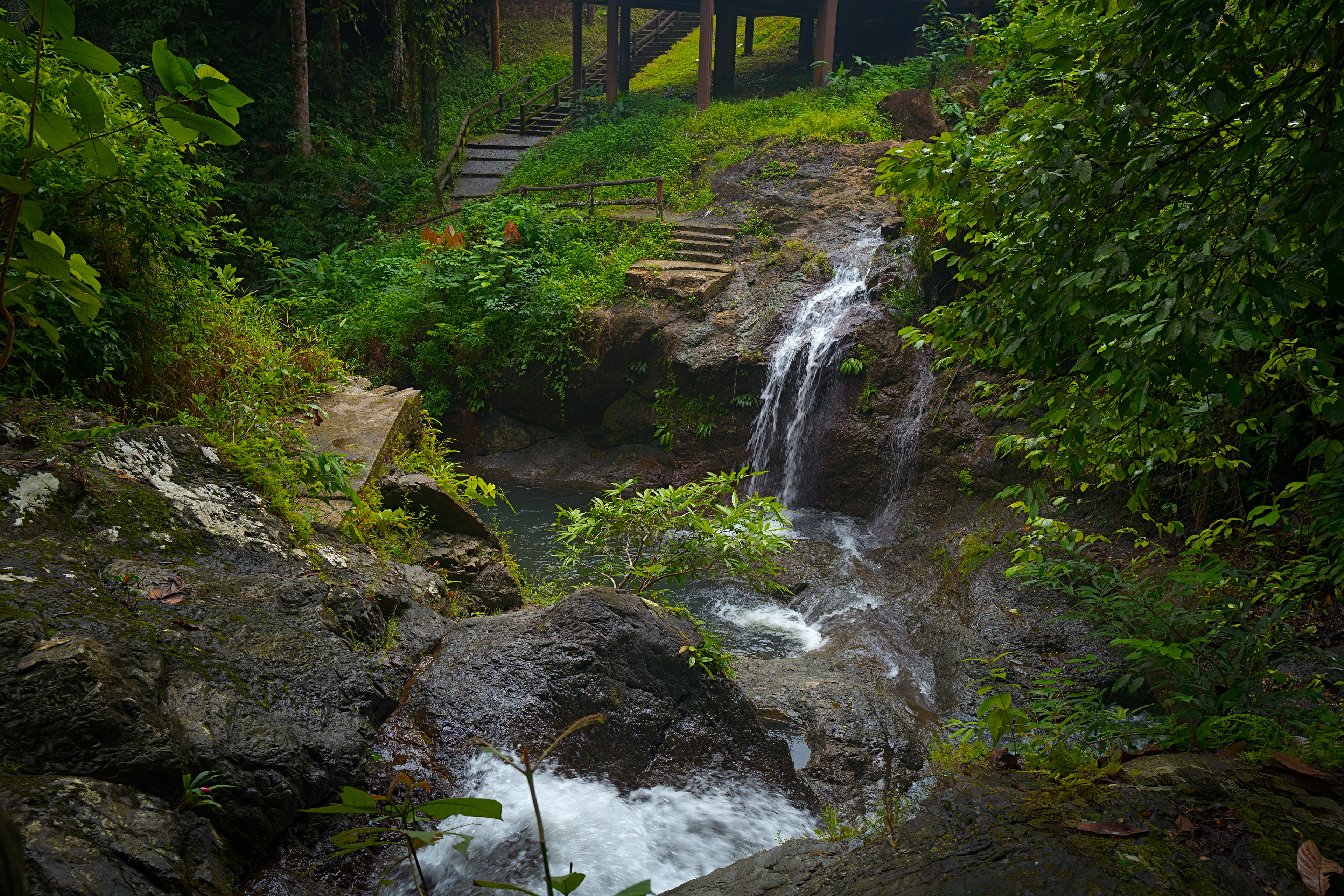 A multi-level tropical waterfall flows over dark, wet rock through dense green rainforest. Water cascades into a small pool before continuing over rocks in the foreground, while stone steps and a narrow pathway climb through the vegetation above the falls.