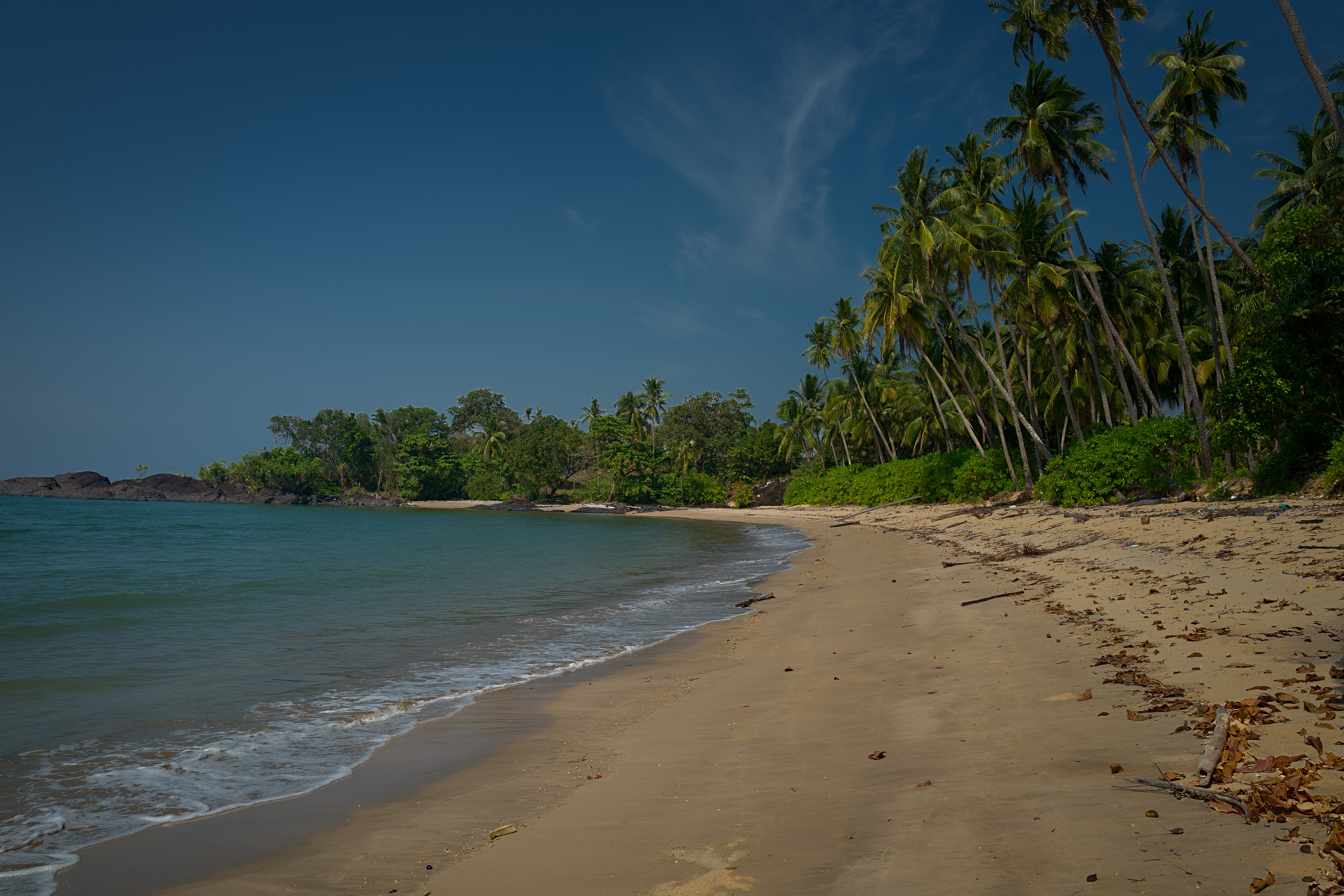A peaceful tropical beach at Pandan Beach, Lundu, Sarawak, with a gently curving stretch of golden sand bordered by leaning coconut palms and dense rainforest. Calm turquoise water laps the shoreline beneath a deep blue sky streaked with delicate clouds, creating a serene coastal landscape that highlights the untouched beauty of Borneo.