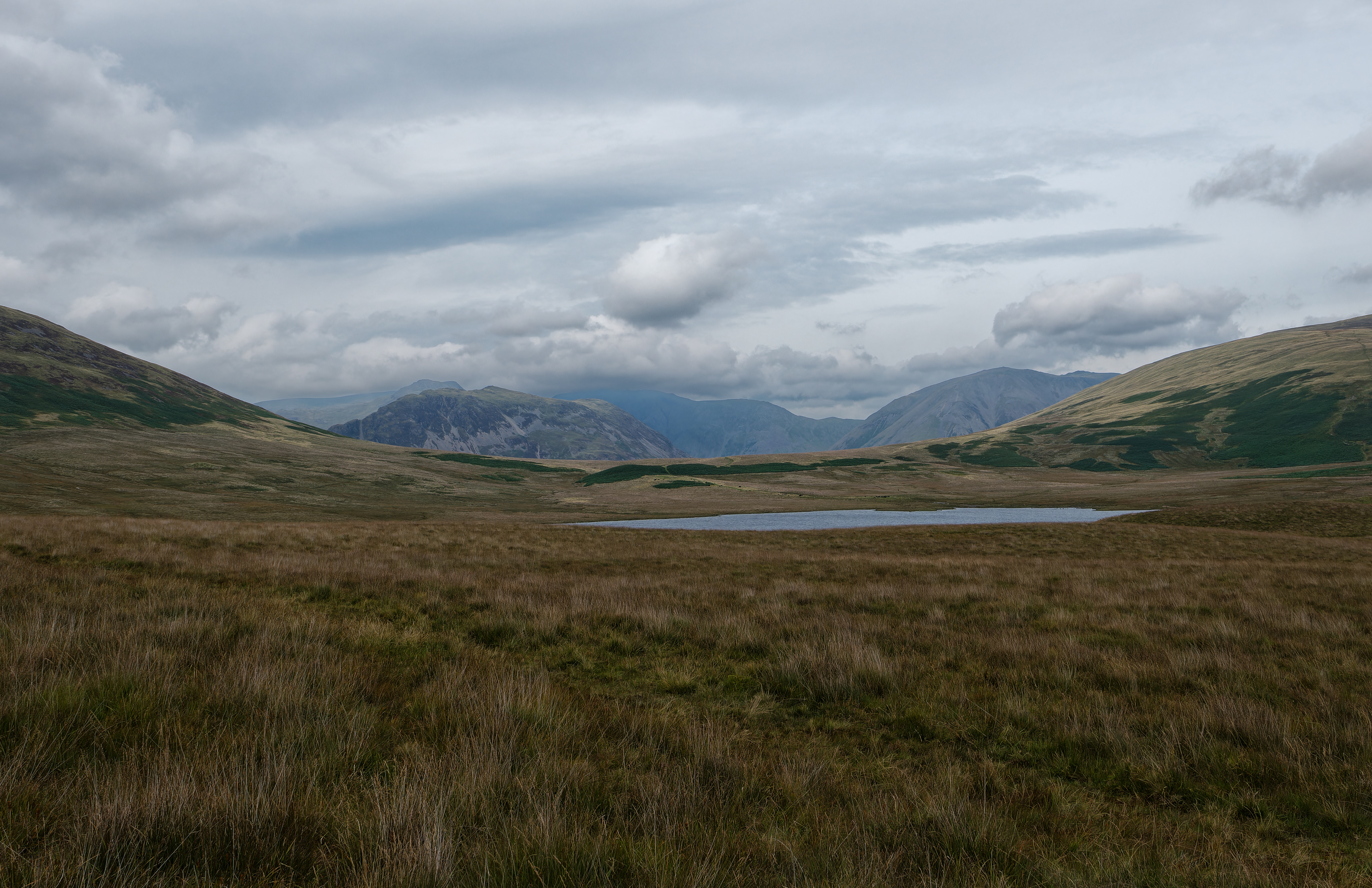A sweeping landscape photograph featuring a vast foreground of textured brown and green moorland grass leading to a still, dark lake, backed by rolling hills and rugged, shadowed mountains beneath a heavily clouded, overcast sky.