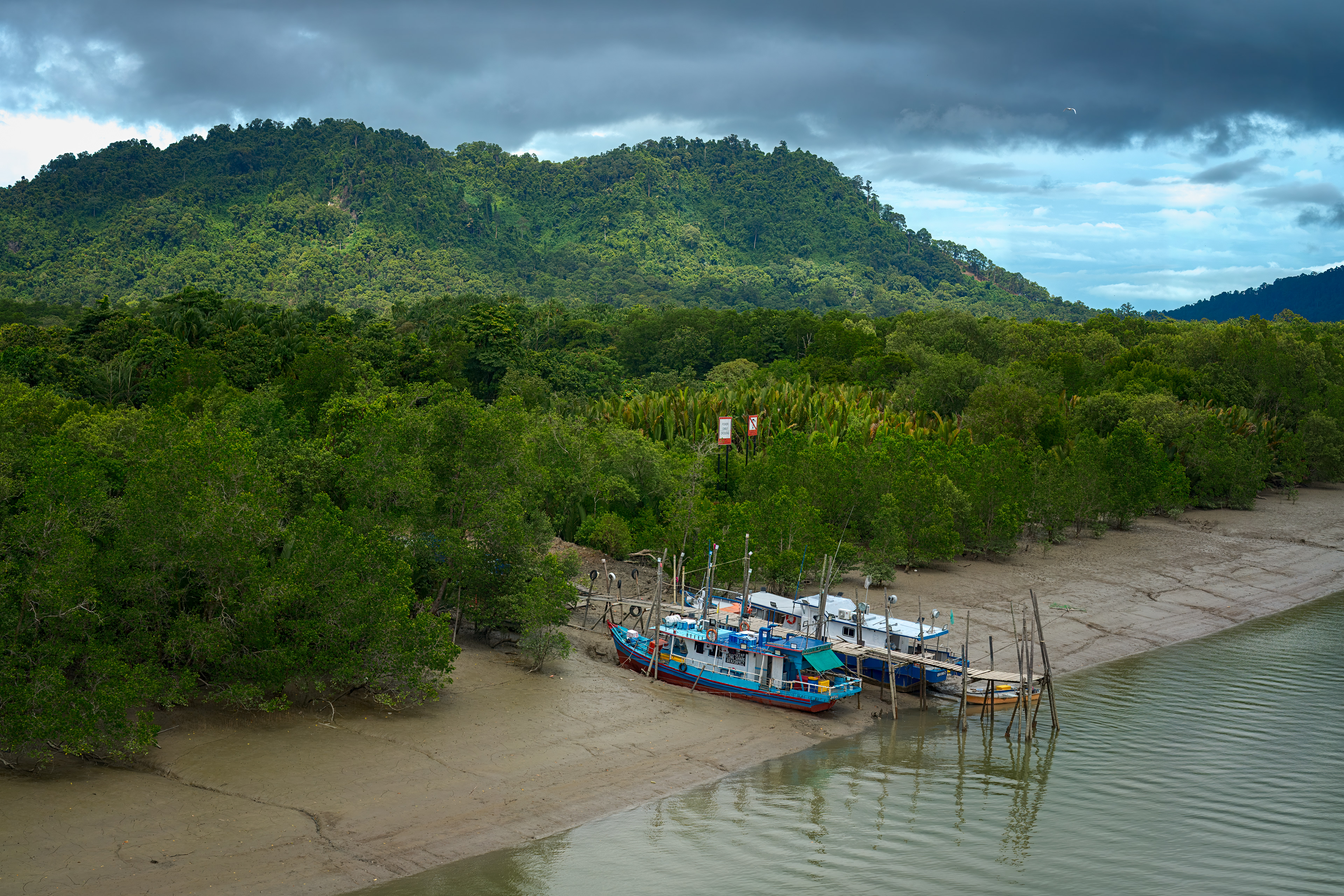 A fine-art photograph showing colorful fishing boats temporarily stranded on a muddy riverbank at low tide, backed by a dense green forest and a towering, lush mountain beneath a dramatic, heavily clouded sky.