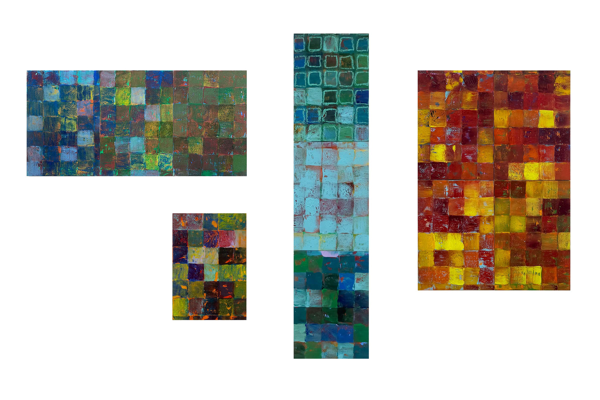 Notes in Cobalt and umber | (from left) Lake to Park Acrylic, Oil on Wood Panel, 25.8 x 53.7 cm / A Fragment of Me in the Warm Shadow Acrylic, Oil on Wood Panel, 25.8 x 17.9 cm / The Other High-Rise I Saw Every Night from Mine Acrylic, Oil Pastel on Wood Panel, 77.4 x 17.9 cm / The Glow of the Concrete Forest Acrylic on Wood Panel, 77.4 x 35.8 cm | 2026