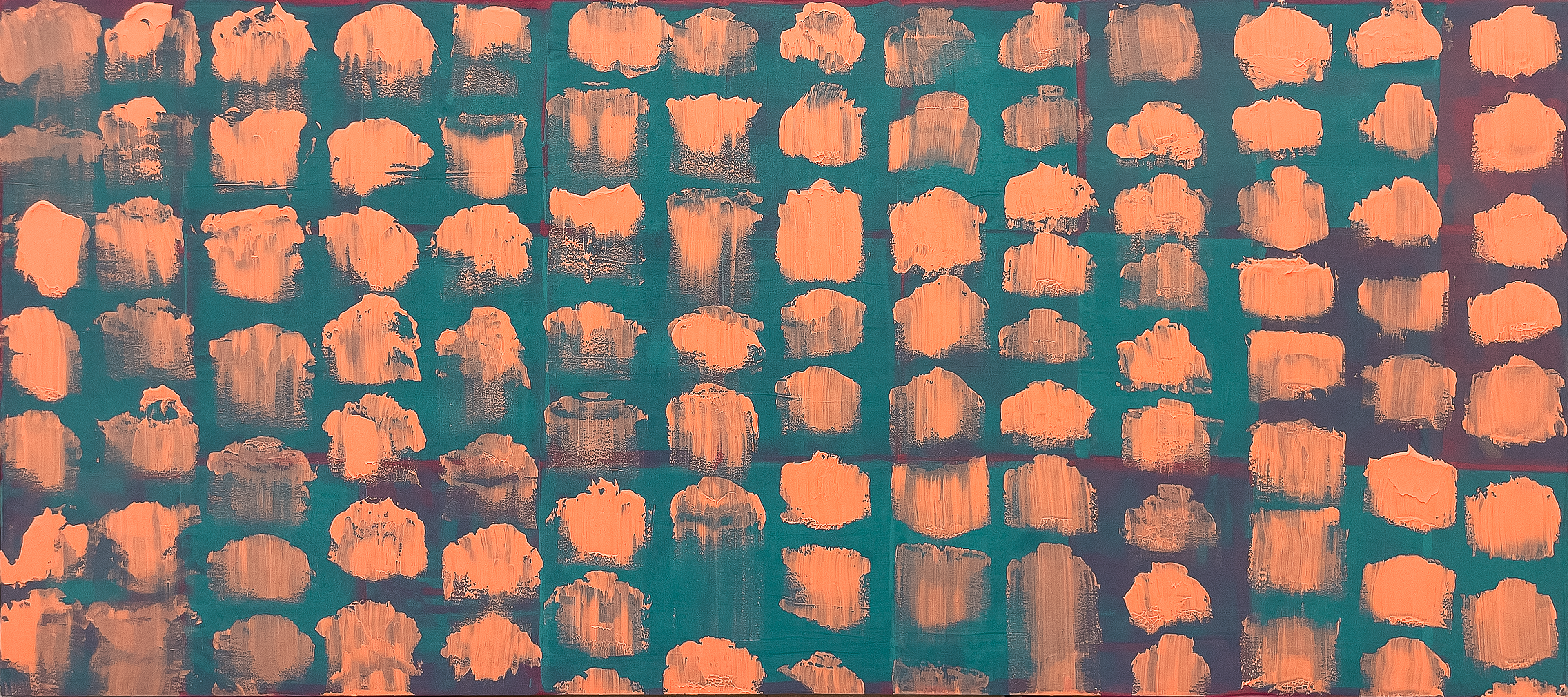 Inexact Iteration (Aqua, Orange), Acrylic on Muslin, 81.28 cm × 182.88 cm | 2025