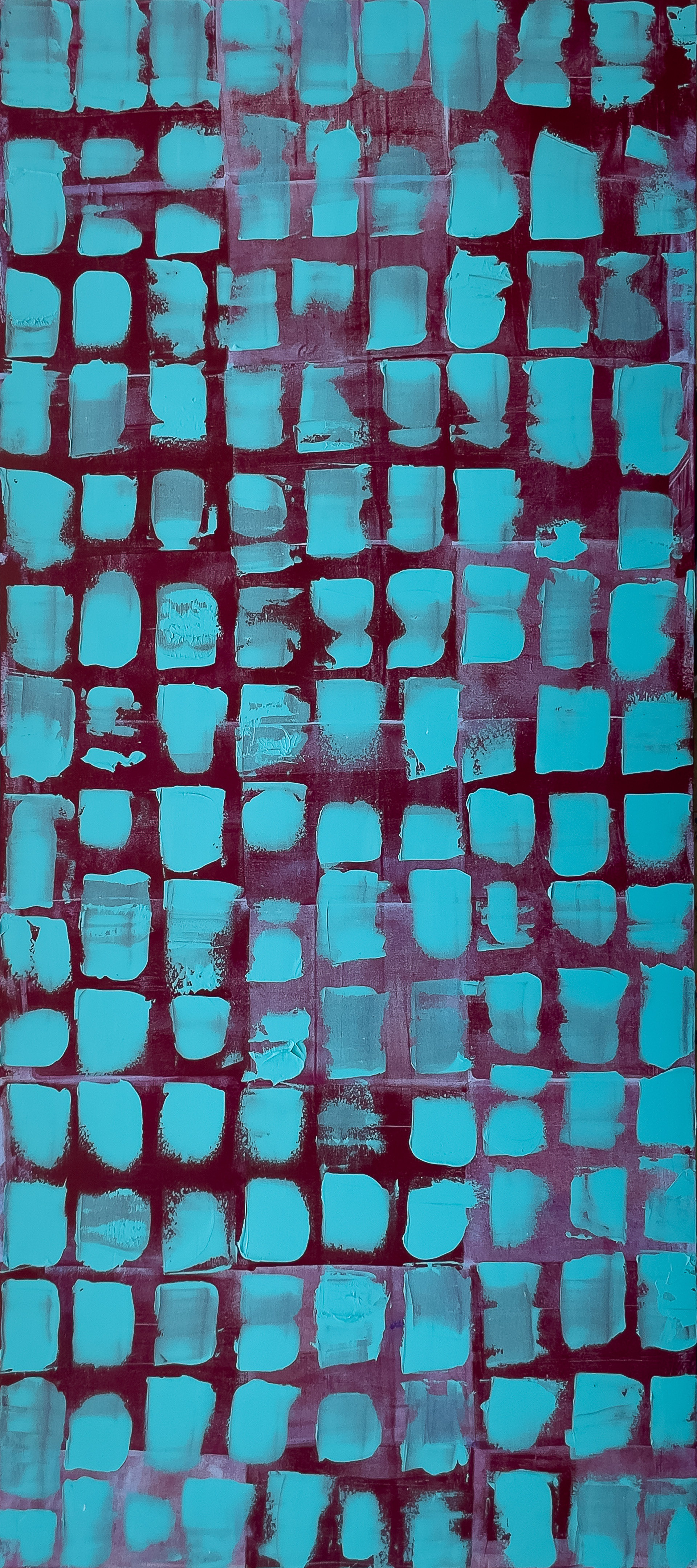 Inexact Iteration (Crimson, Aqua), Acrylic on Muslin, 182.88 x 81.28 | 2025