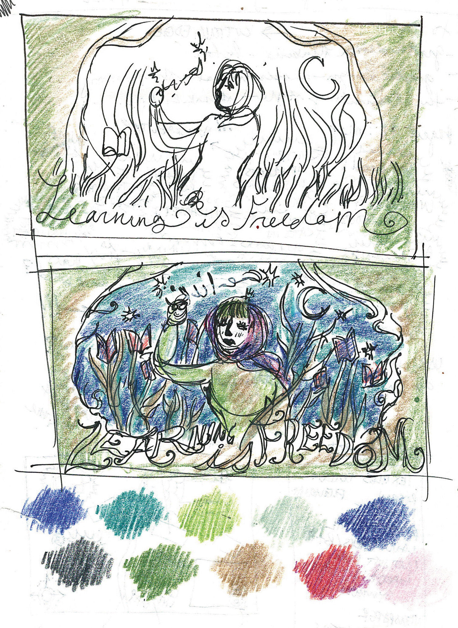 Concept sketches, 2023. Colored pencil and ballpoint.