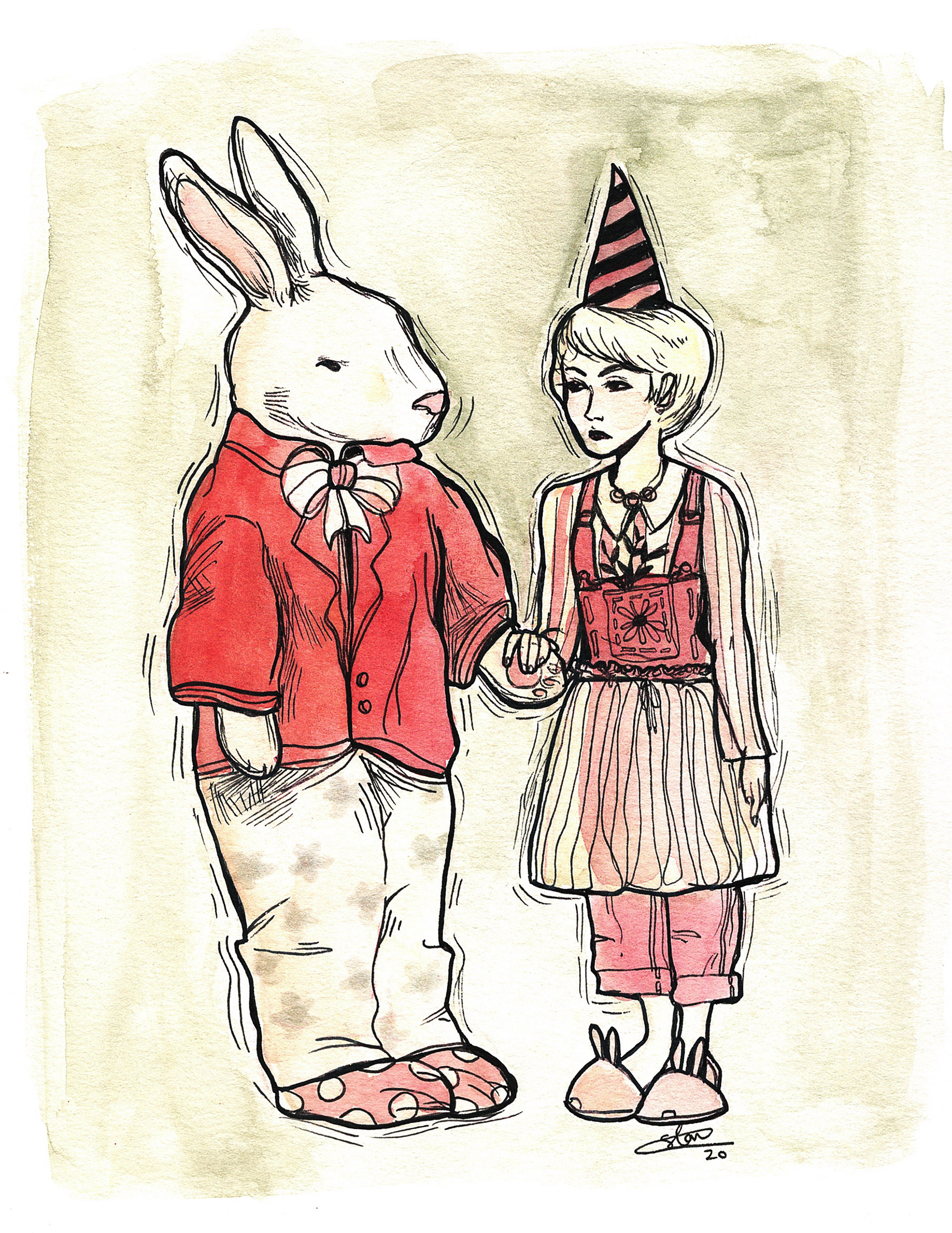 Bunny and Girl, 2020. Watercolor and ink on cold press paper.