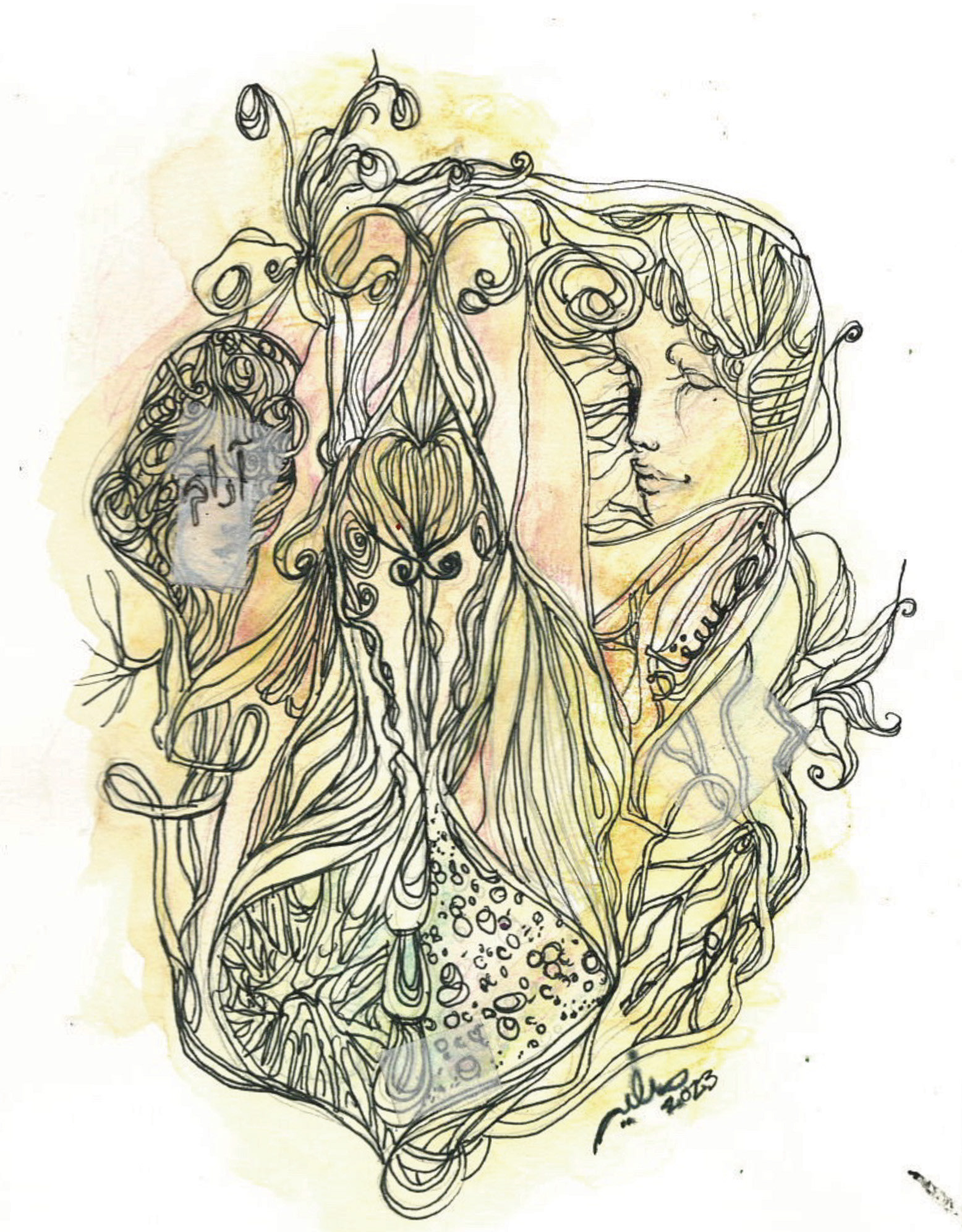 Oak Grove Misses the Druid (a piece dedicated to home), 2023. Watercolor pencil & ballpoint on mixed media paper.