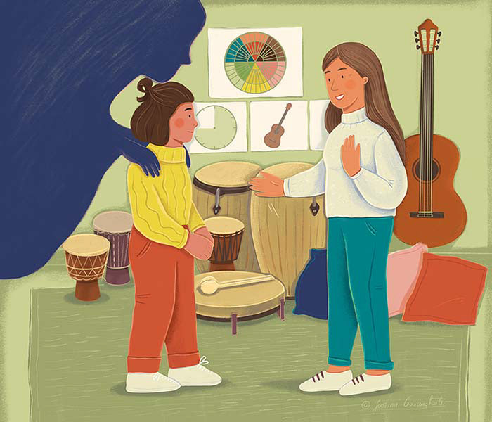 music therapy, first session, therapist, illustrator, justina, cesnauskaite, music instruments