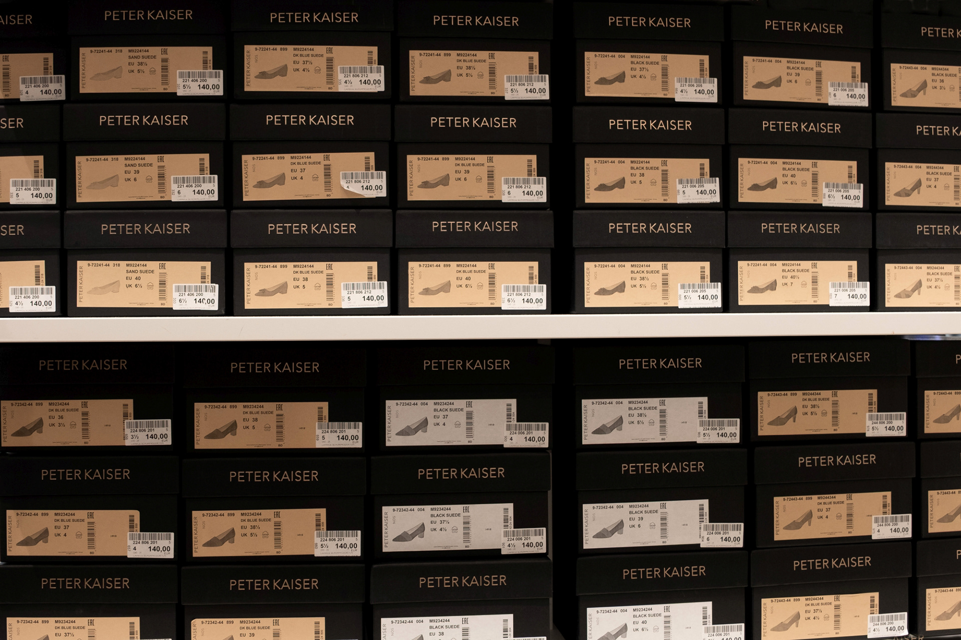 Frontaler Blick auf ein Regal mit Peter Kaiser-Schuhkartons in einem Schuhgeschäft, leicht Gursky-inspiriert ;-)