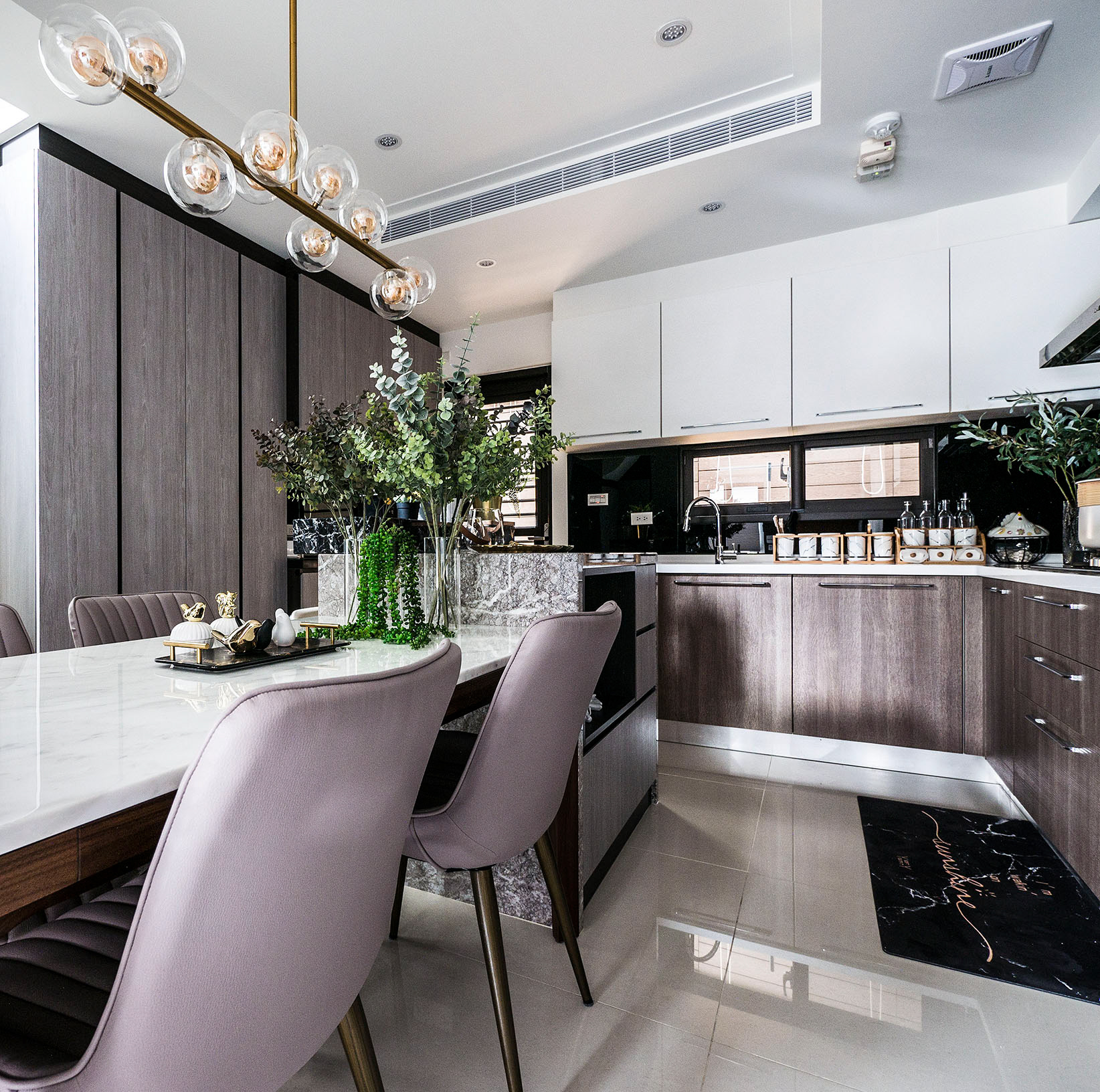 方寸之韻, 飯廳, 廚房, dining room, kitchen, 中島, island, 餐桌, dining table, 吊燈, pendant, 大理石, marble, 築本國際設計, rootlocus, interior design