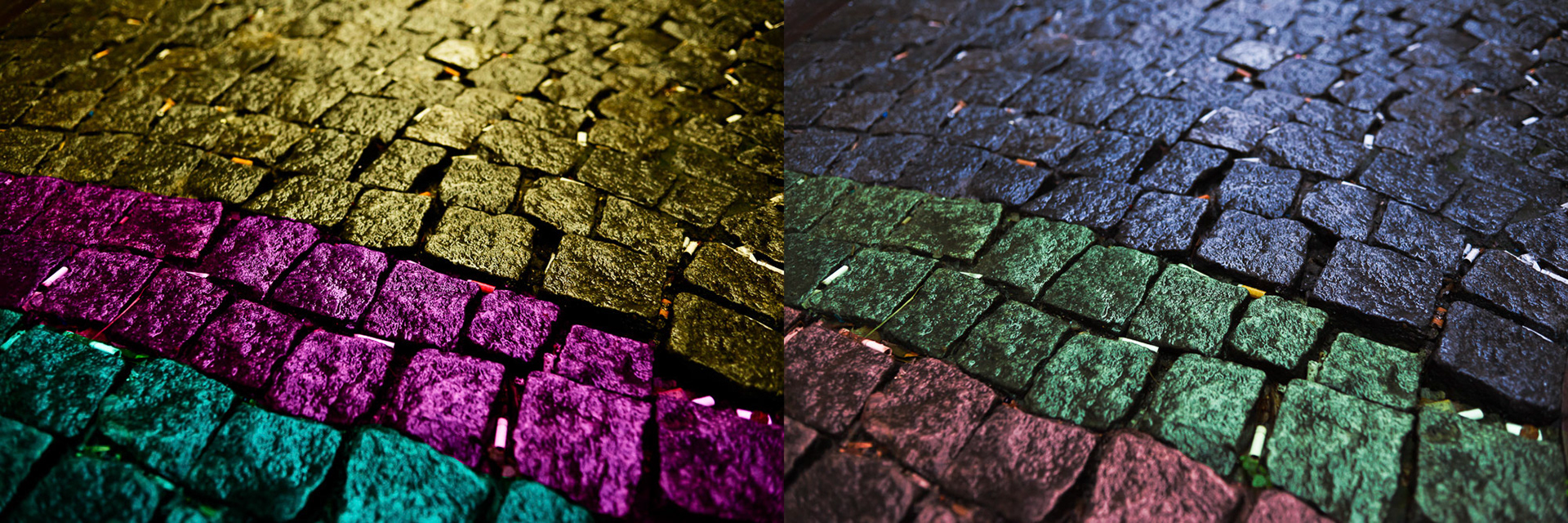 "Road" - One of my signature photographs. I shot two stereo photographs of the wet cobblestones and painted them in complementary colors. When the two images are viewed with the help of a stereoscopic viewer the opposite colors cancel each other out and a black and white single 3D image appears. I have created the images to hold on their own but if you want to see the combined 3D image you can look through a stereo viewer.