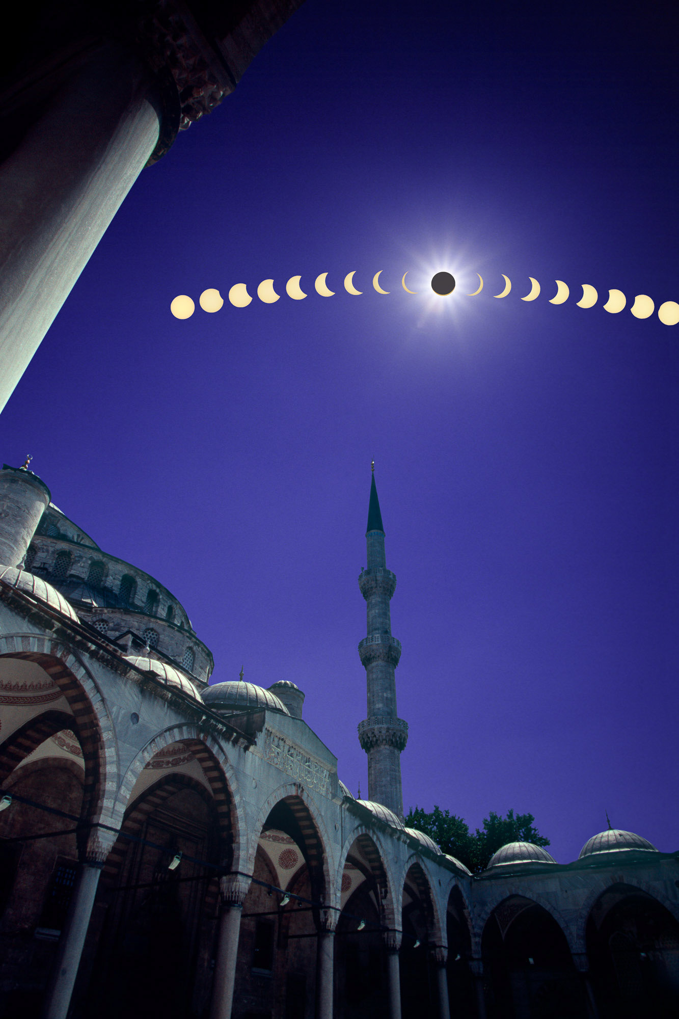 "Last Eclipse of the Millennium" - This image has a limited edition of 100. The image has become very popular and famous across the world, listed as one of the century's best pictures. I shot the stages of the last total eclipse of the millennium in the year 1999 with my telescope. The final image is a composite of the eclipse sequence and the Blue Mosque which I shot separately at the exact moment of the eclipse. There is an NFT of the video based on this image at rarible.com/alikabas.