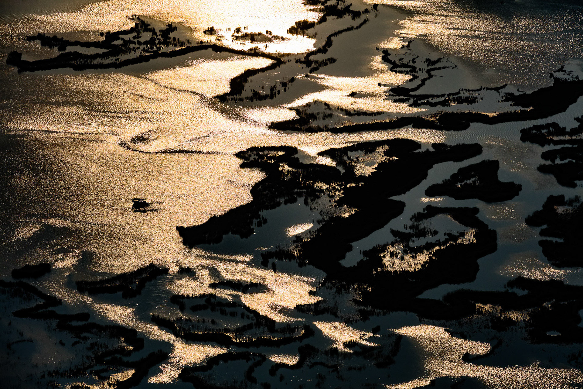 "Shimmer" - Many islets made up of water plants in this wetland look like a map from the air. I photographed the area twice, each tour a year apart. I chose to include this special graphic silhouette image in the series from among many great photographs of the area.