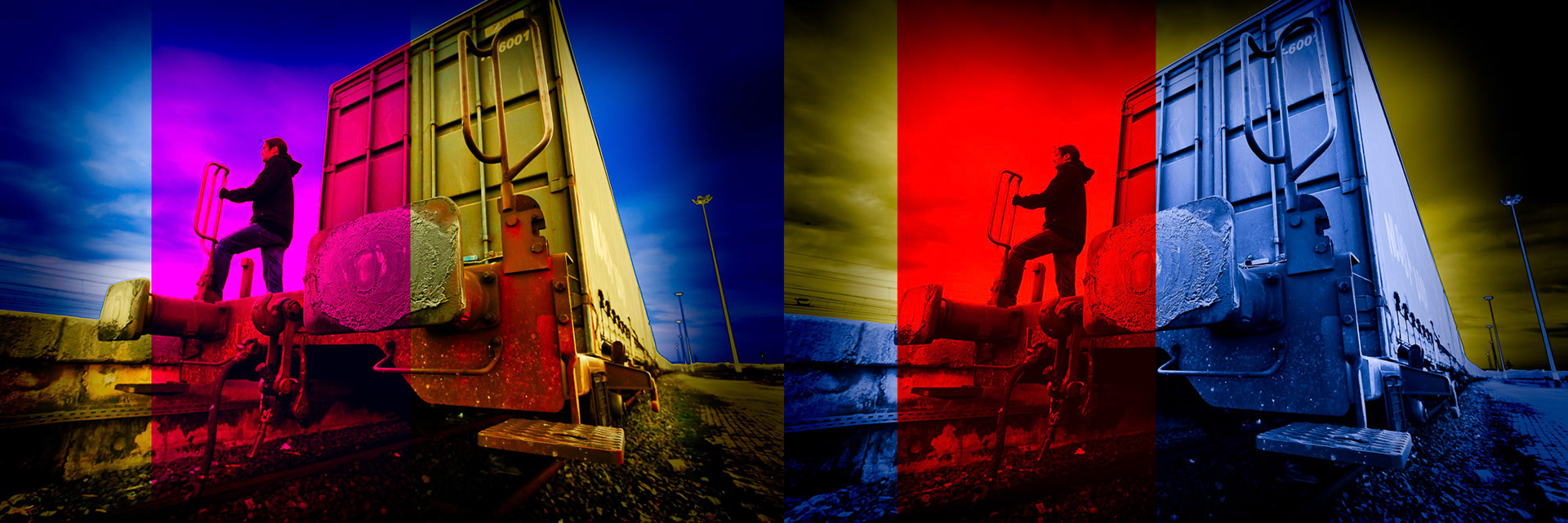 "Train" - My son Murat on a train wagon. I have designed the colors to be both complementary and similar. I have created the images to hold on their own but if you want to see the combined 3D image you can look through a stereo viewer.