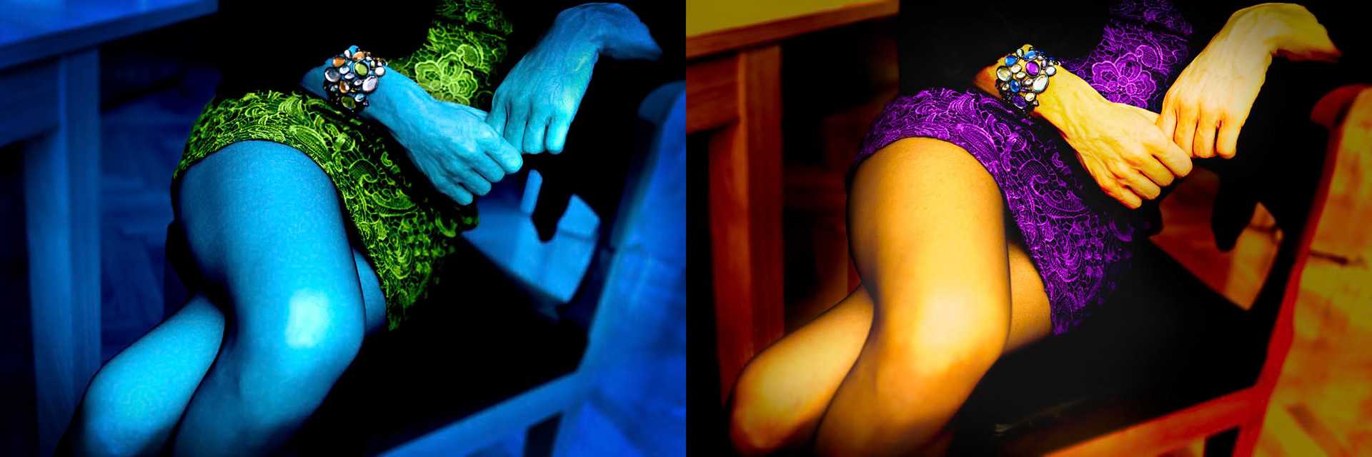 "Woman" - The right component of the stereoscopic image have more natural colors wheres the left part is out of this world. I have created the images to hold on their own but if you want to see the combined 3D image you can look through a stereo viewer.