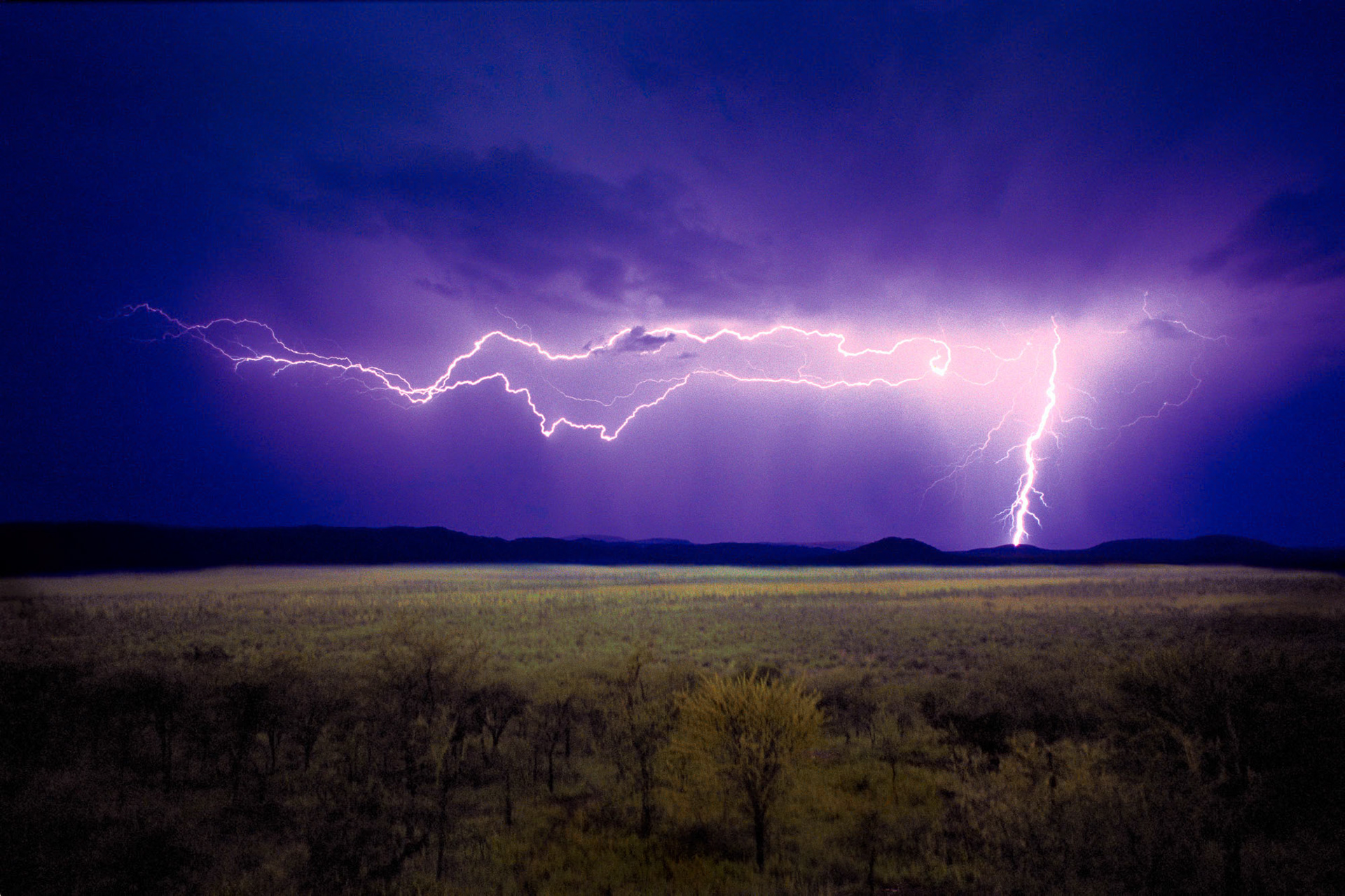 "Lightning in Serengeti" - This is the photograph that has helped me launch my professional photography career. I had been training and photographing all my life but the aura of the nature and peace that I have experienced in that trip has made me dive head-on to being a full time photographer. I did not have my tripod during that trip. I was alone in my room in the lodge overlooking the plains when I saw the storm forming and the lightning strikes in the distance. I set up my camera on the wooden railing of the balcony pressing down hard on it so that it wouldn't move during the long exposure needed to capture lightnings. I was thrilled to see the lightning perfectly positioned in the frame when the film was developed after returning home. The negative film that I have used helped record more details than the eye could see.