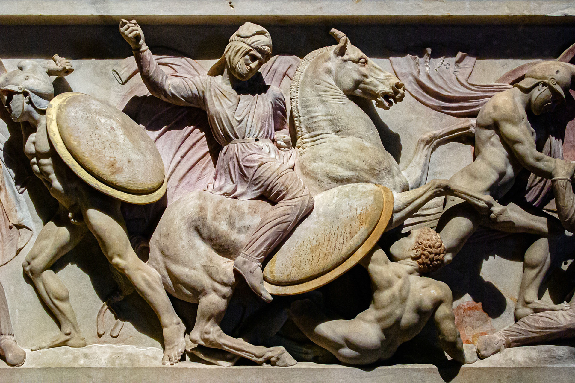 "Alexander" - Amazing detail from the Alexander Sarcophagus, pentelic marble, from royal necropolis of Sidon (Lebanon), about 325-311 BC, at the Archaelogy Museum. It is adorned with bas-relief carvings of Alexander the Great.