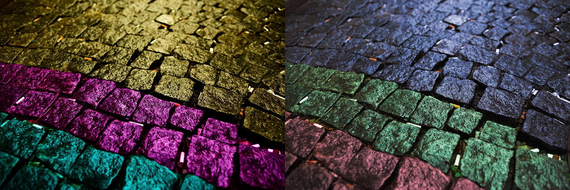 "Road" - One of my signature photographs. I shot two stereo photographs of the wet cobblestones and painted them in complementary colors. When the two images are viewed with the help of a stereoscopic viewer the opposite colors cancel each other out and a black and white single 3D image appears. I have created the images to hold on their own but if you want to see the combined 3D image you can look through a stereo viewer.