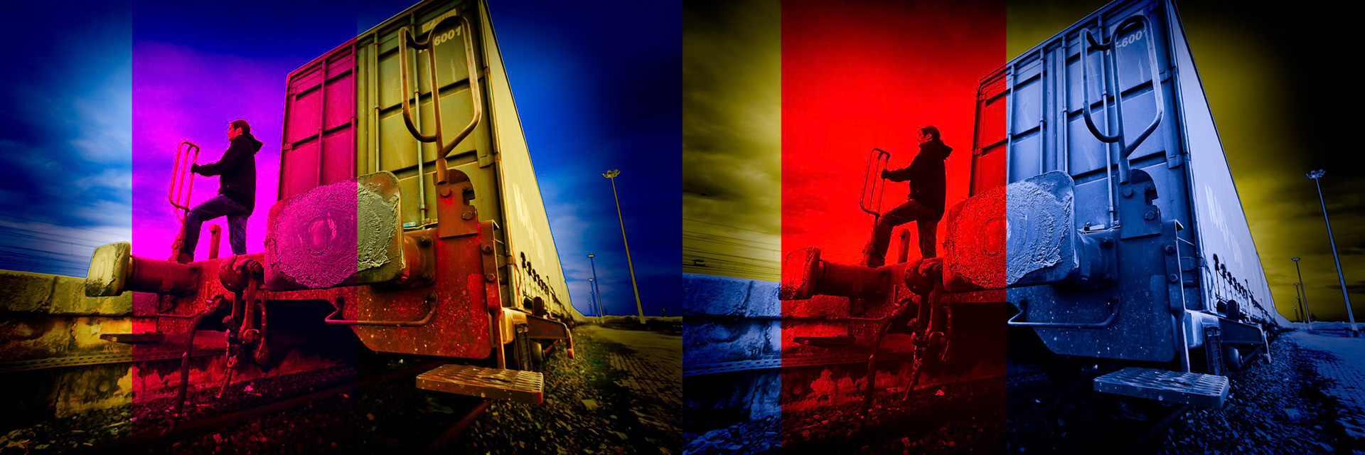 "Train" - My son Murat on a train wagon. I have designed the colors to be both complementary and similar. I have created the images to hold on their own but if you want to see the combined 3D image you can look through a stereo viewer.
