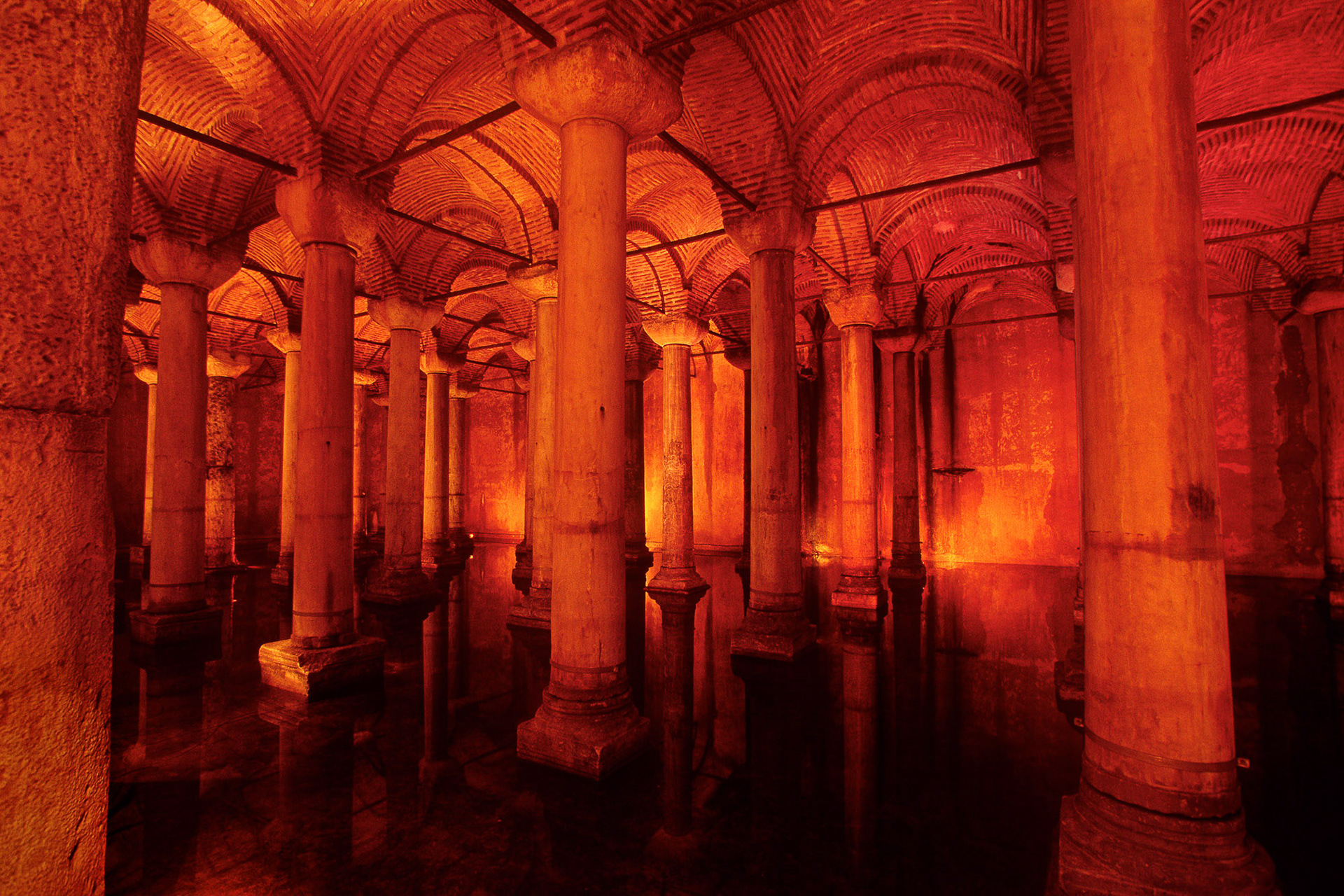 "Basilica Cistern" - Basilica Cistern underground water reservoir was constructed in 532 AD by Byzantine Emperor Justinian (527-65 AD). It has 336 marble columns supporting the ceiling.