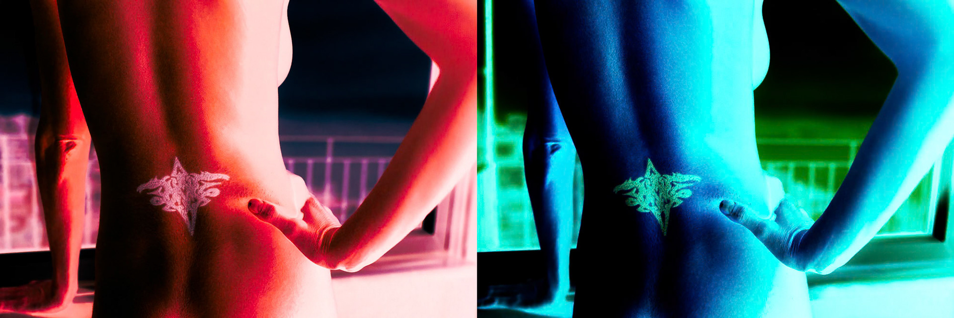 "Tattoo" - The stereoscopic nude images are in complementary colors resulting in high contrast when viewed with the naked eye. I have created the images to hold on their own but if you want to see the combined 3D image you can look through a stereo viewer.