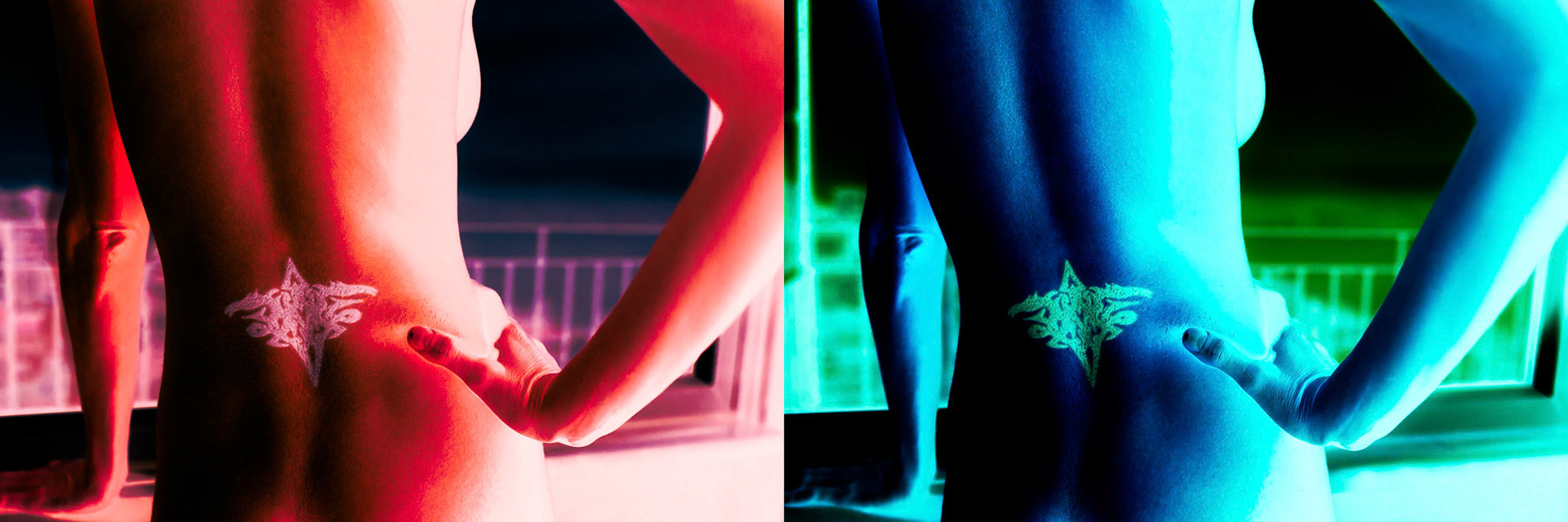 "Tattoo" - The stereoscopic nude images are in complementary colors resulting in high contrast when viewed with the naked eye. I have created the images to hold on their own but if you want to see the combined 3D image you can look through a stereo viewer.