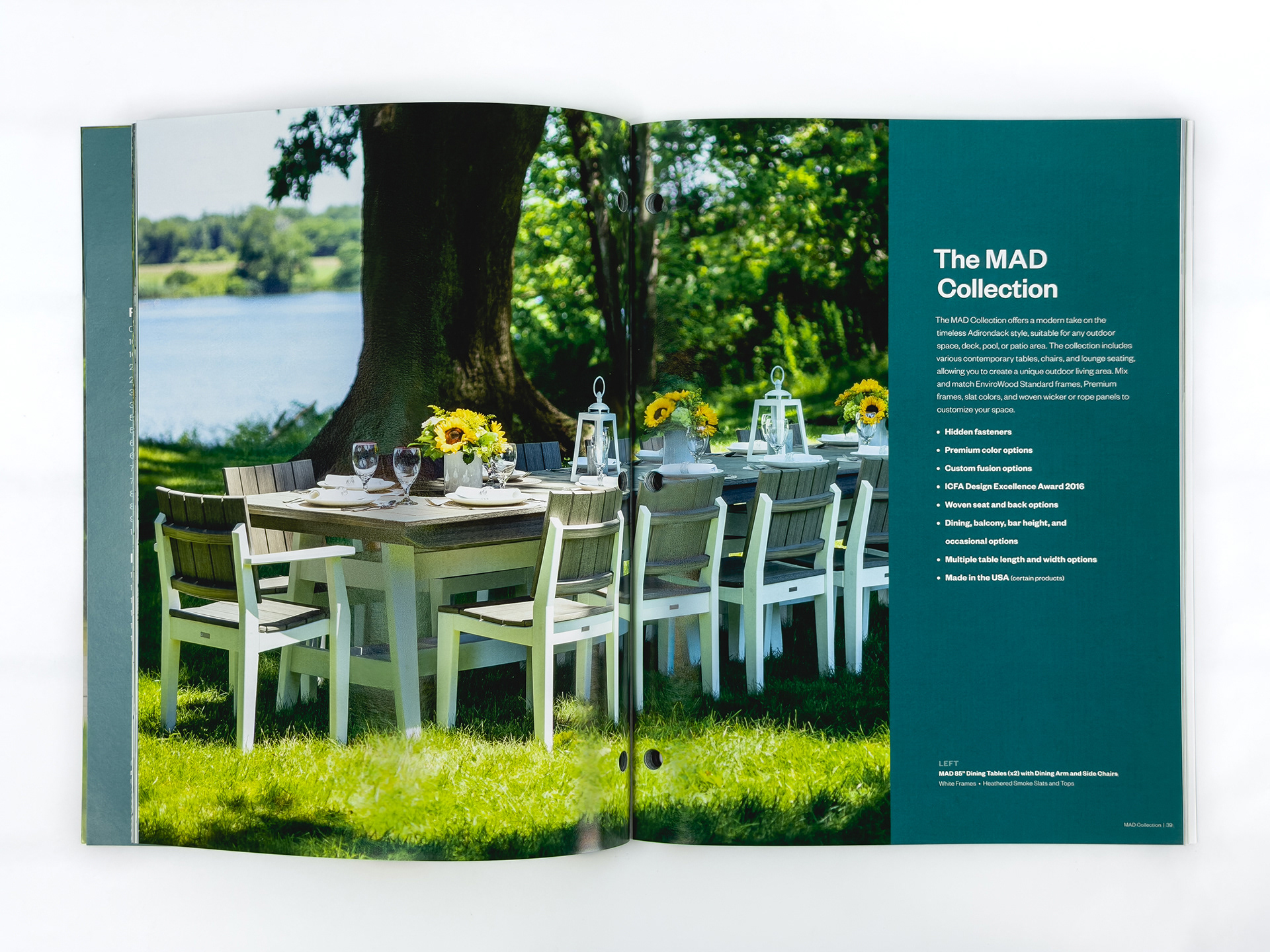 MAD collection dining table with chairs set outdoors on green lawn.