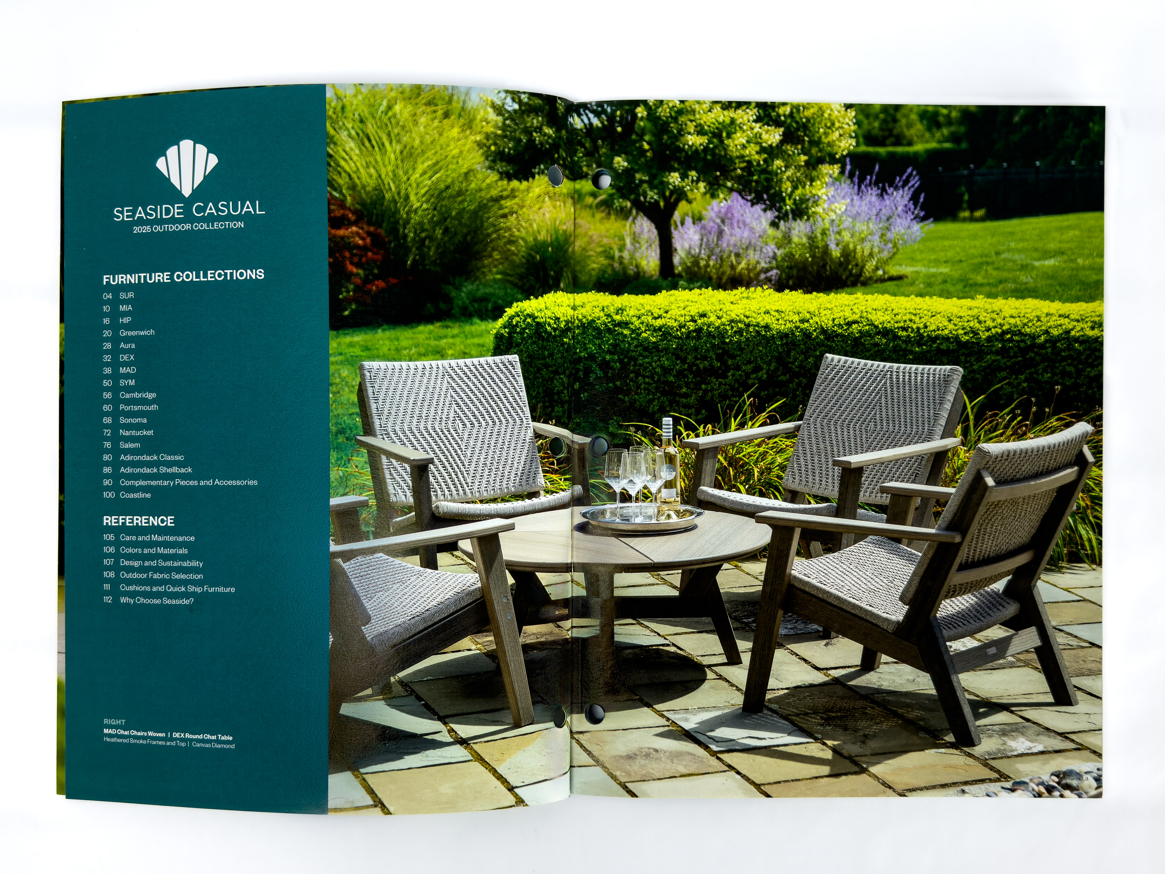 Catalog table of contents spread with furniture collections and reference sections.