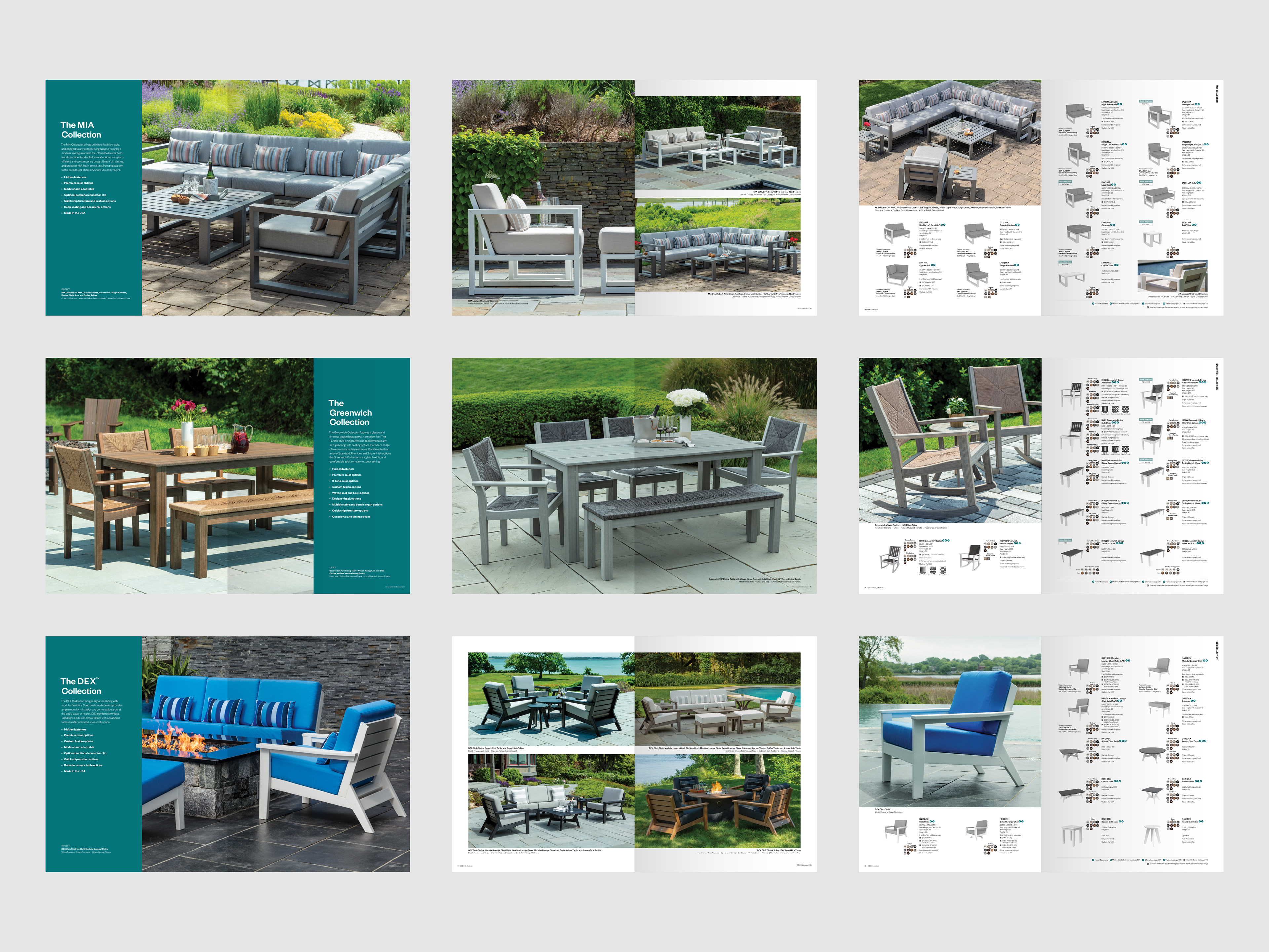 Grid of catalog spreads showing multiple collections and layout system.