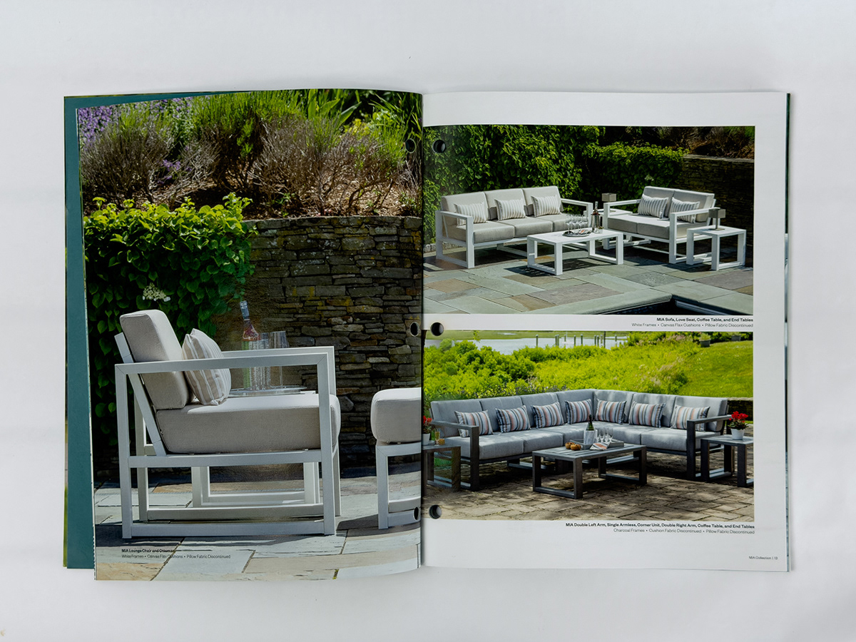 Catalog spread showing multiple seating layouts and product variations.