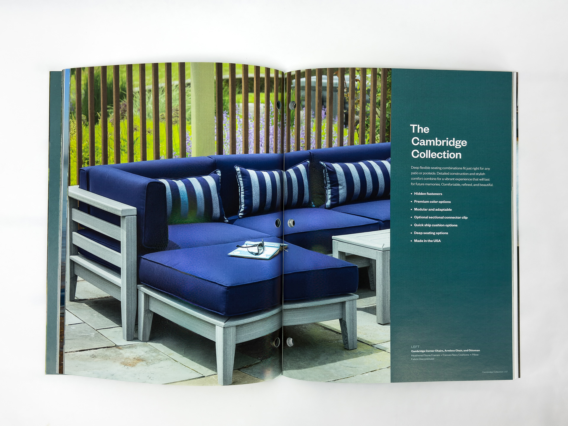 Cambridge collection sectional with blue cushions on outdoor patio.