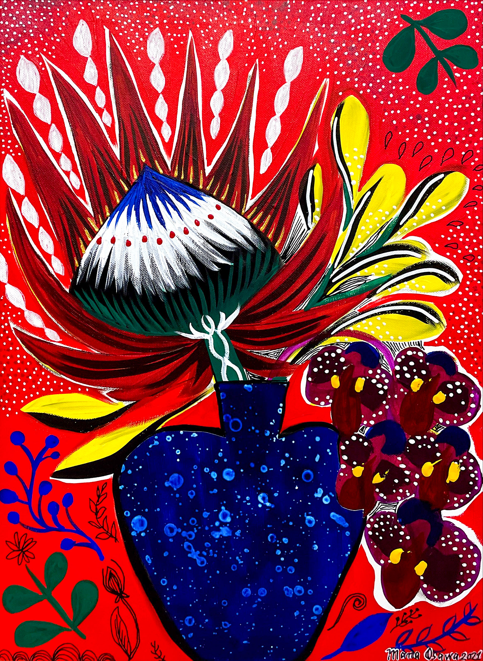 King Protea with Flower vase / P8号 Acrylic and Mixed media on Canvas