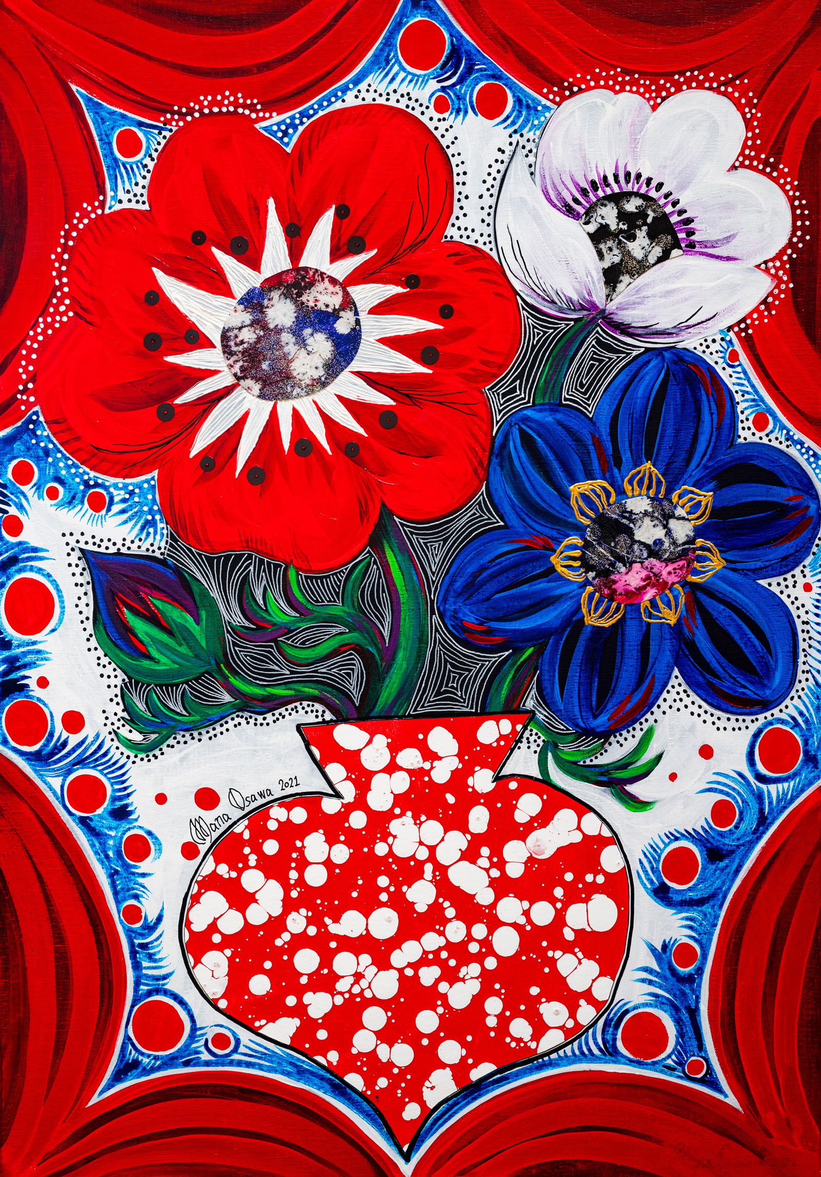 Red Dot Anemone with Flower vase / M15号 Acrylic and Mixed media on Canvas