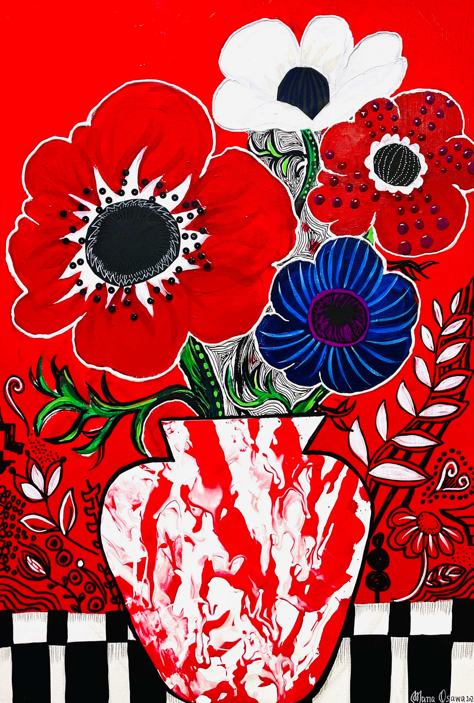 Anemone with Flower vase II / P12号 Acrylic and Mixed media on Canvas