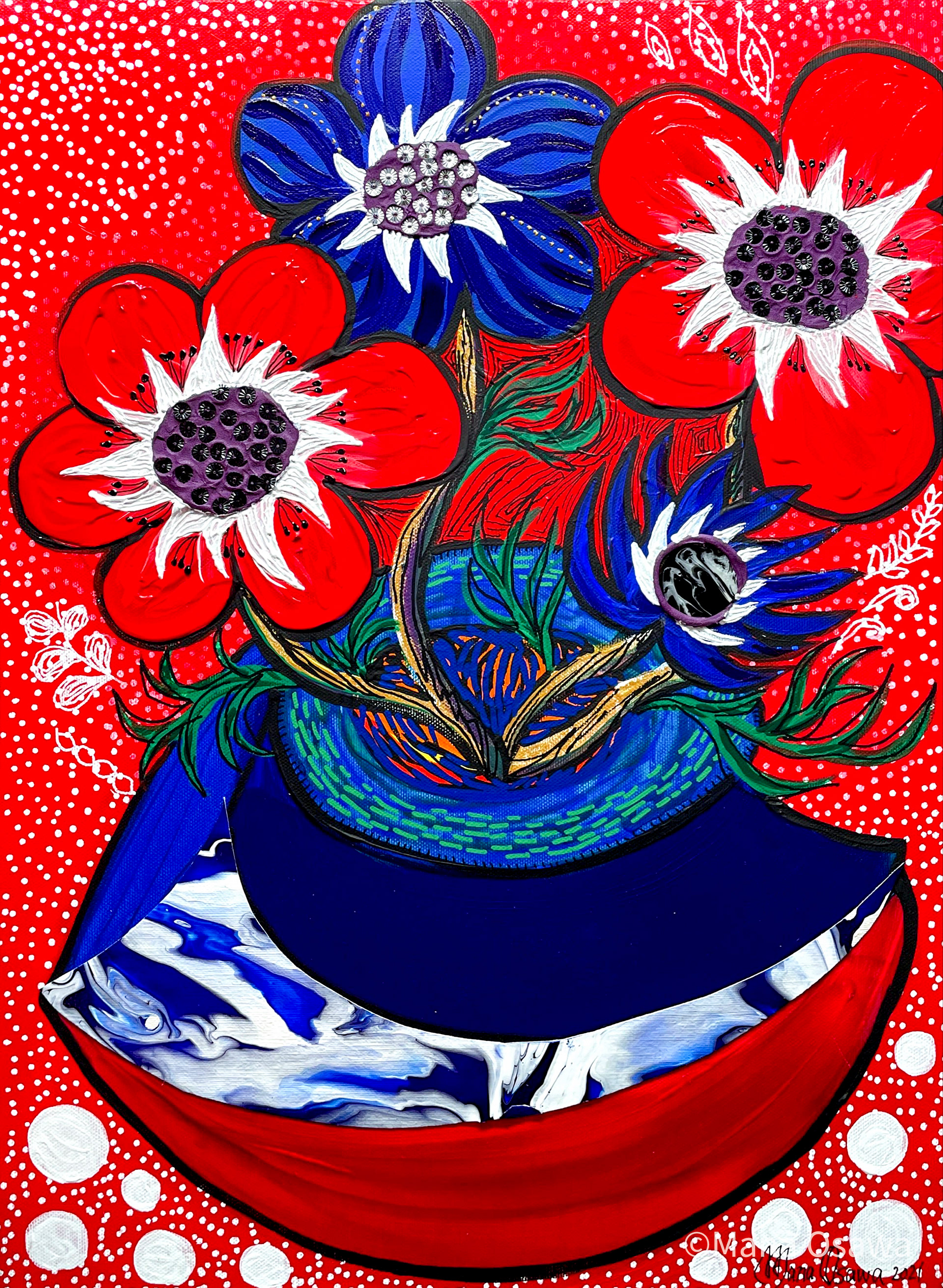 Anemone with Flower vase / P8号 Acrylic and Mixed media on Canvas