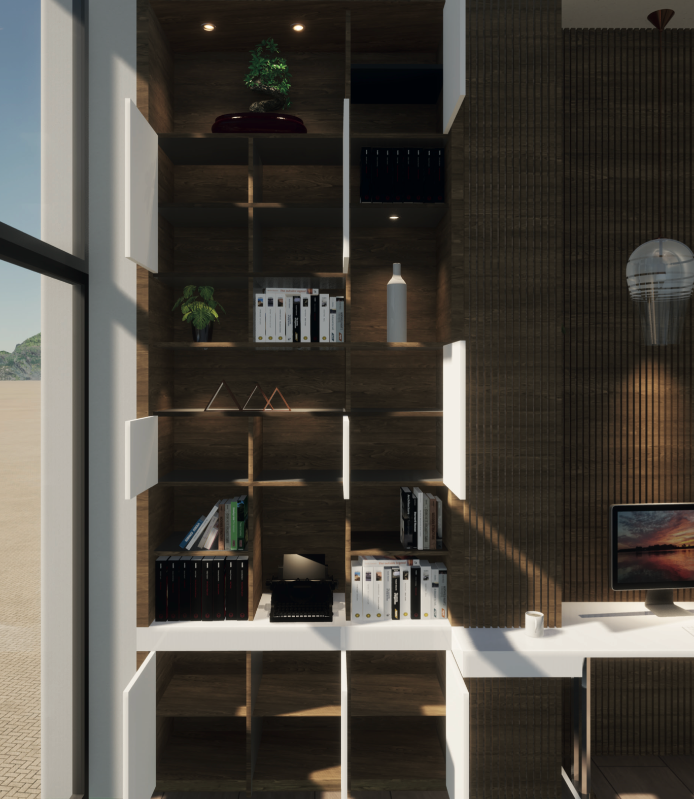 On the side, there is a tall cabinet. It allows both to visually extend the desk, but also to highlight the verticality of the wall in which it is located. Its proximity to the office allows files to be stored in the cupboards provided for this purpose. The rest of the storage is provided for more aesthetic objects which will be highlighted by integrated spotlights.