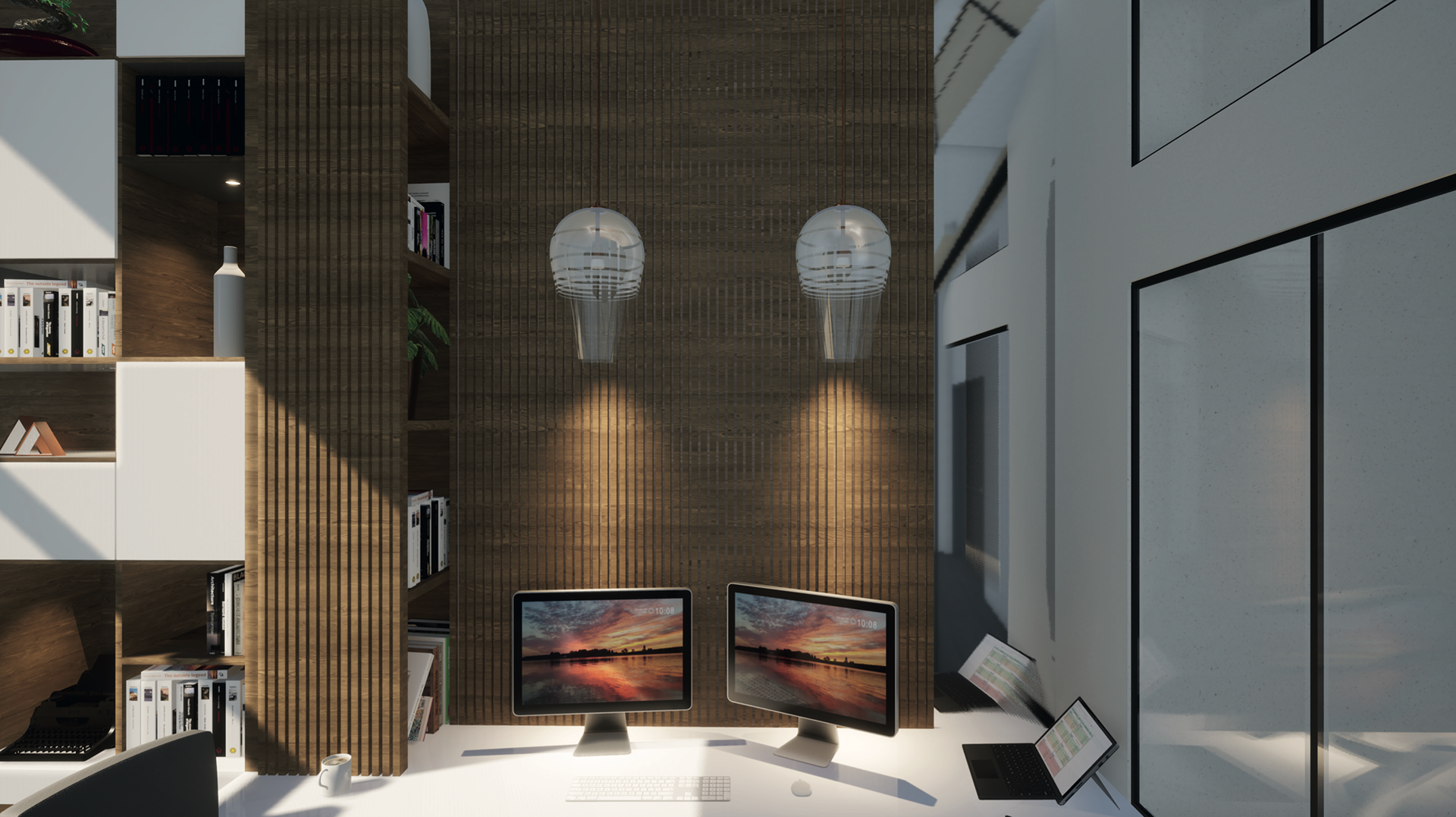 The main material is wood, broken down into strips, creating an alcove and a warm atmosphere. Wood and metal face each other to create an industrial style but modern and cozy.