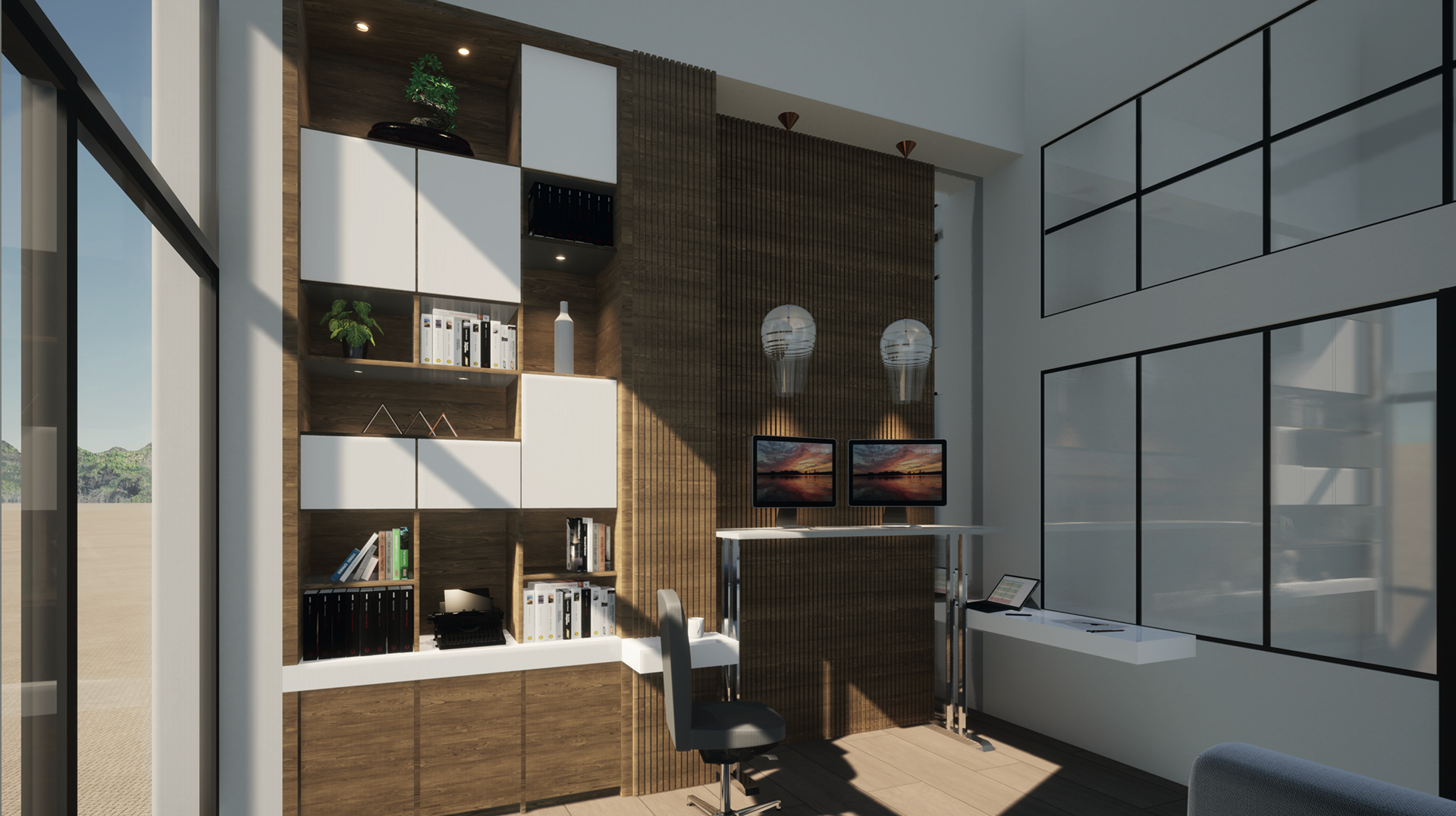 The position of the desk makes it possible to maintain its vertical mobility.