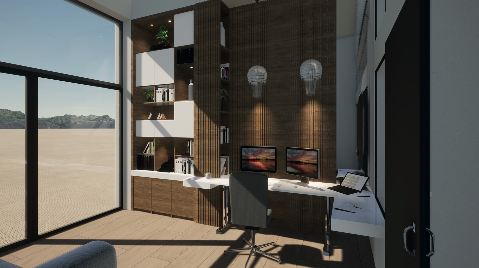 View from the office entrance. The piece of furniture fits into the existing alcove, making it possible to integrate a large desk while leaving the surface of the room free. This makes it possible to combine office and small living room use.
