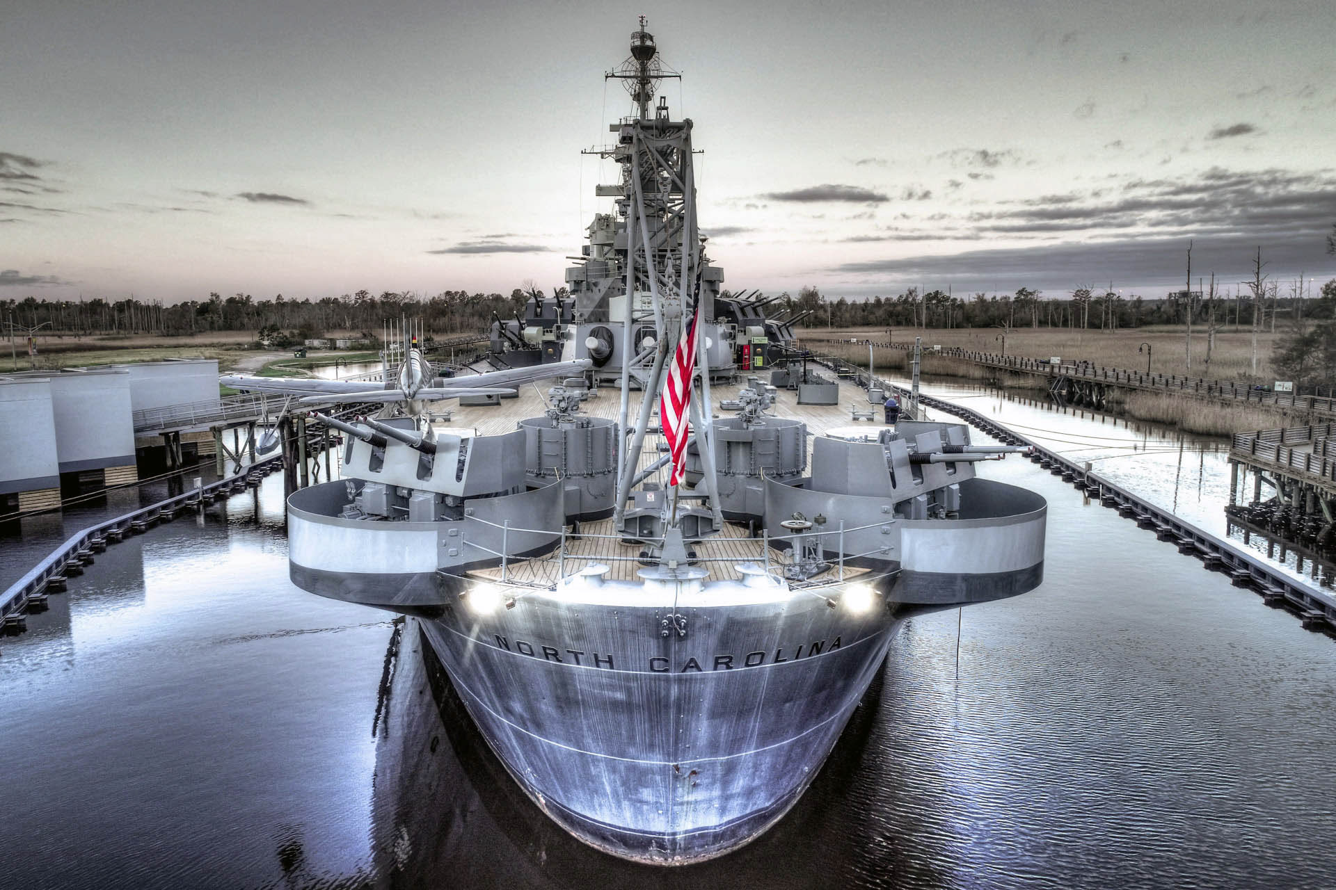 Imposing view of battleship USS North Carolina in Wilmington, NC