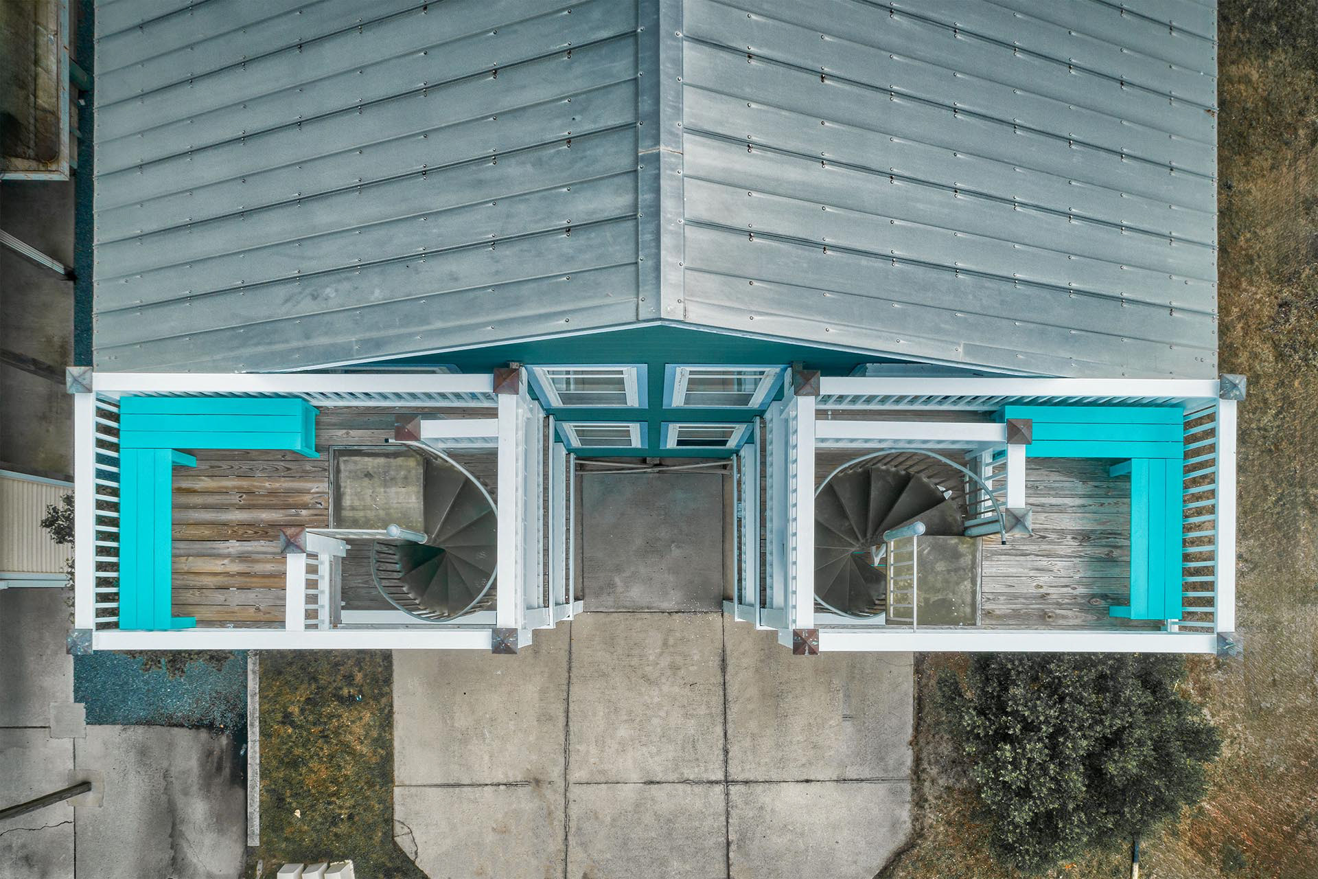 Nadir view of twin spiral staircases to lookout decks