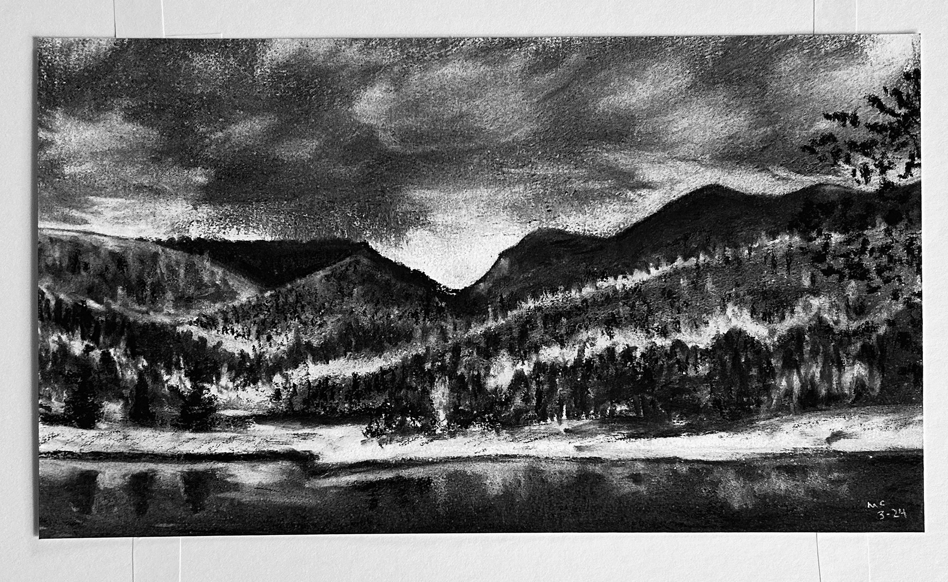 Clouds Over Mountains - Charcoal on paper - Unframed - Image measures 9.75"w x 5.5"h