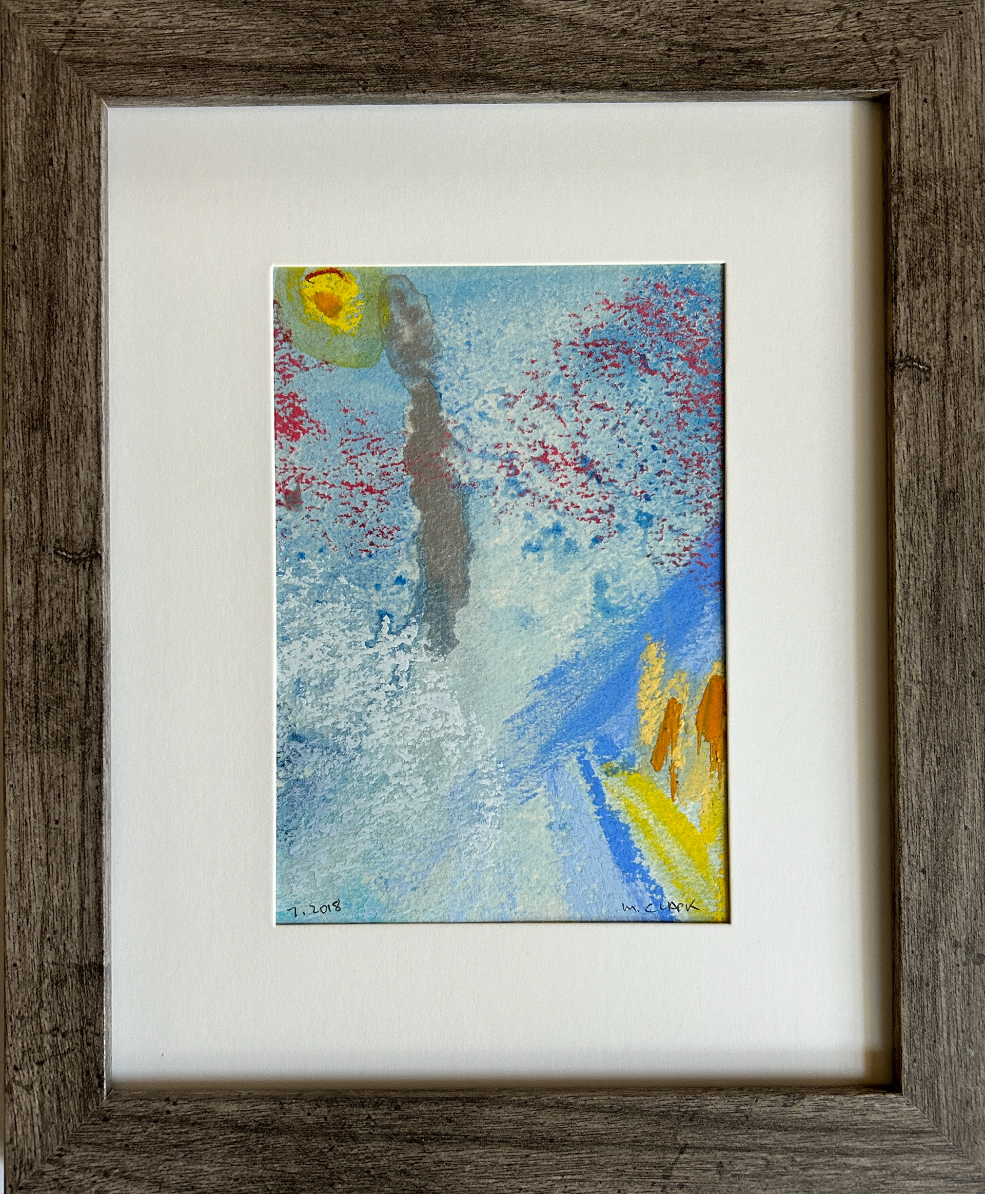 Silver Figure - Chalk Pastel, watercolor, and iridescent acrylic - Frame Dimensions 9.5"w x 11.5"h - Saw Tooth Frame