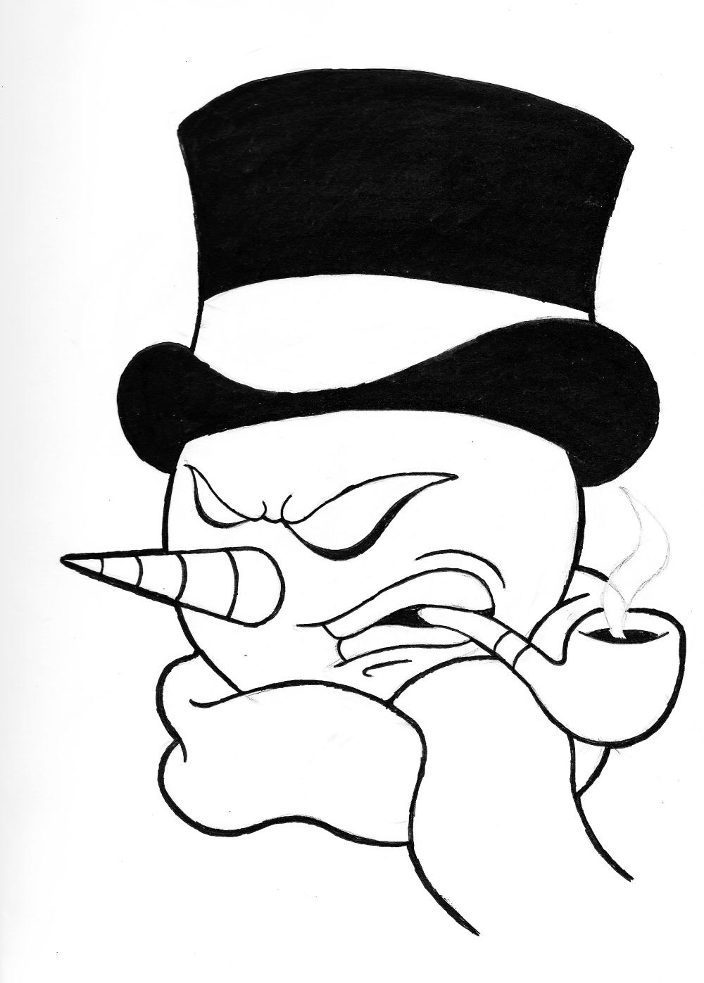 Pencil drawing of a snowman wearing a scarf and smoking a pipe.