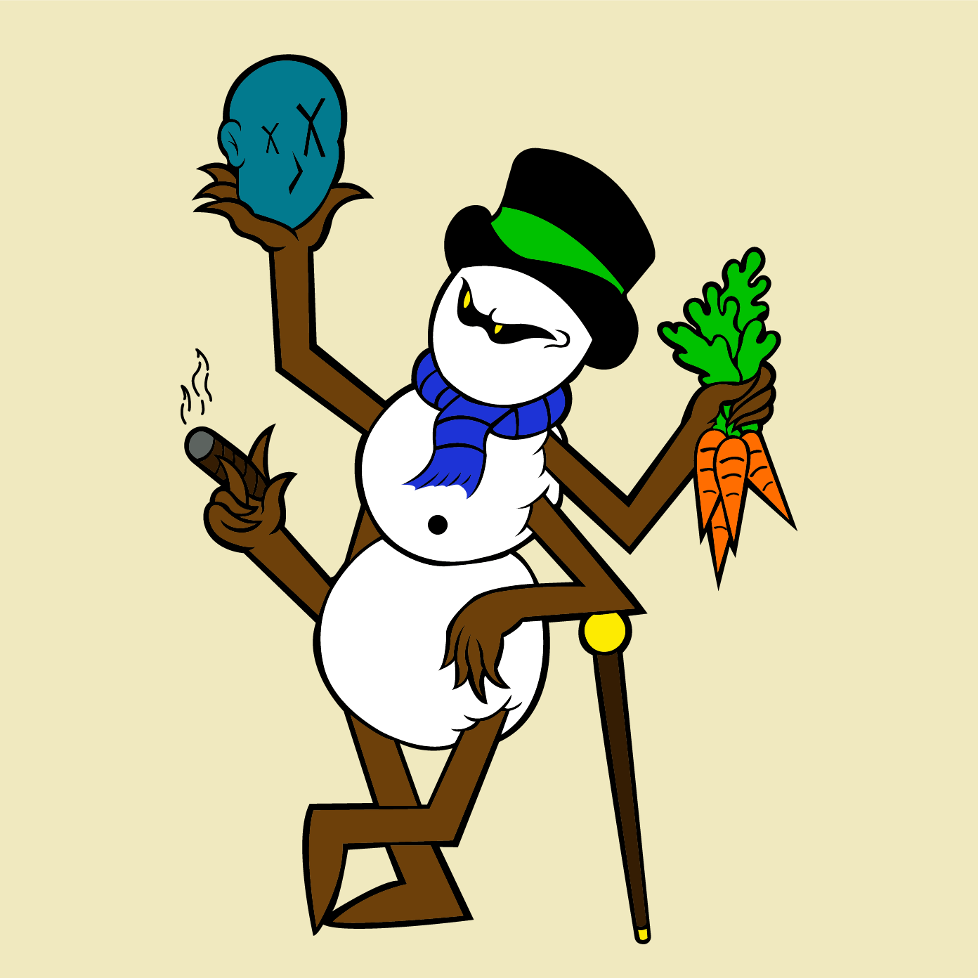Four-armed snowman smoking a cigarette with the first right hand, leaning on a cane with the first left hand, holding carrots with the second left hand, and holding a severed head with the second right hand.