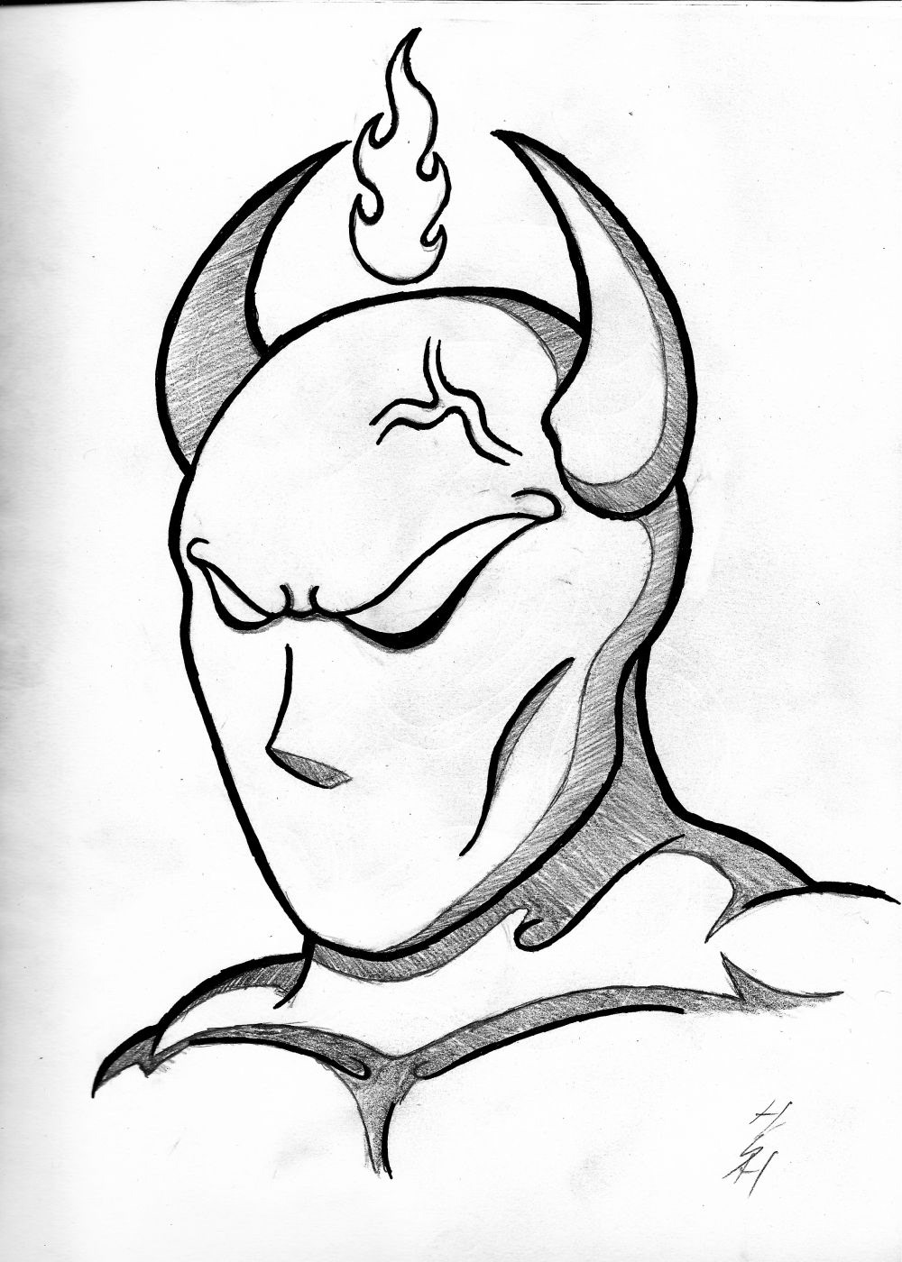 Pencil drawing of a yellow demon with purple flames floating above its head.
