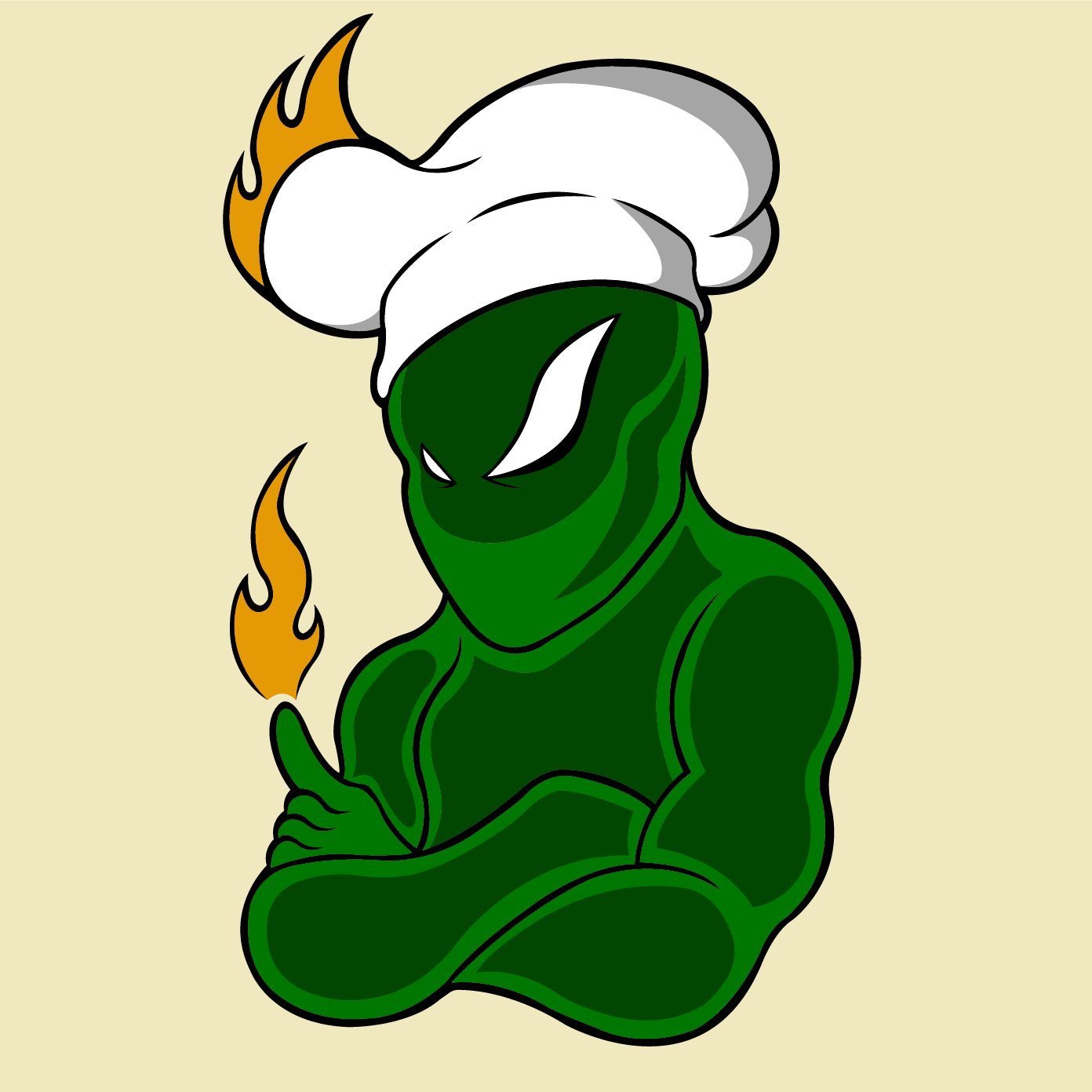 Green man with crossed arms, pointing fingers that shoot fire, wearing a chief’s hat that’s on fire.
