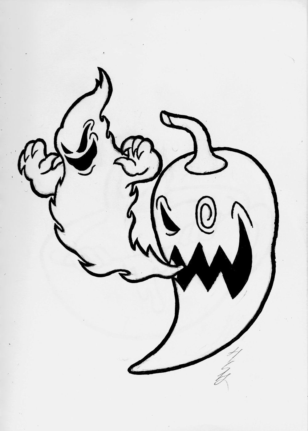 Pencil drawing of a pepper breathing fire shaped like a ghost.